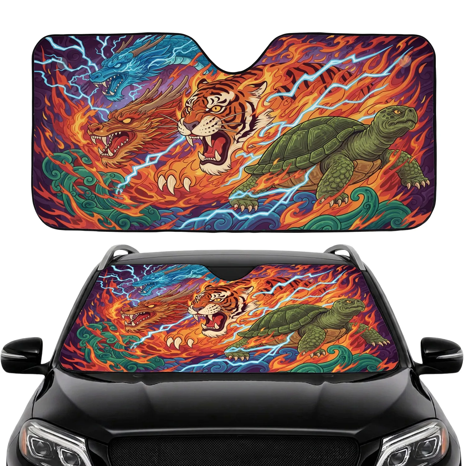 Tiger Head Fiery Dragon Lightning Serpent Turtle Elemental Fantasy - Mythical Creature Lover Gift Car Sunshade - 1