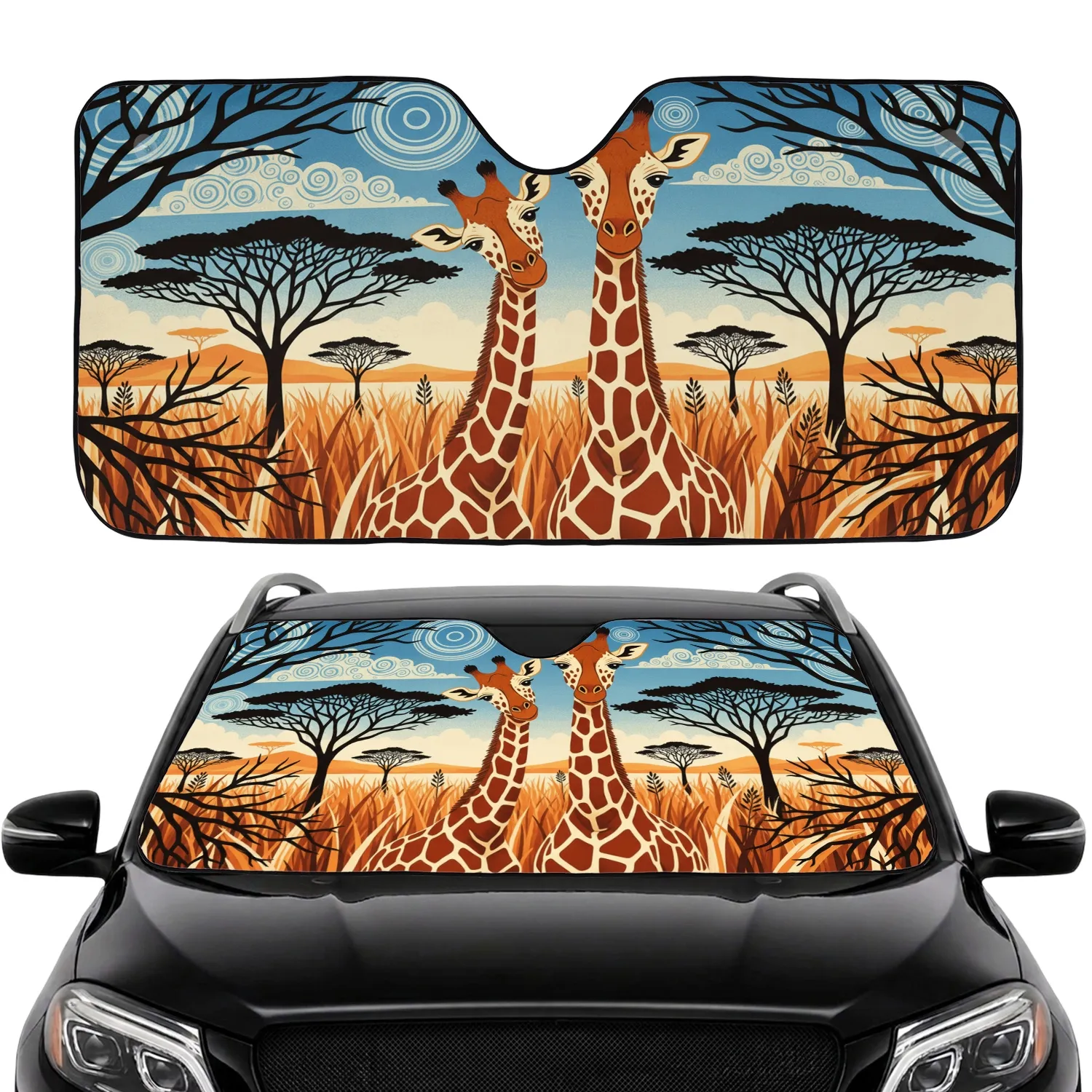 Two Spotted Giraffes Savanna Horizon Acacia Trees Tall Grass Hills - Wildlife Lover Home Decor Gift Car Sunshade - 1