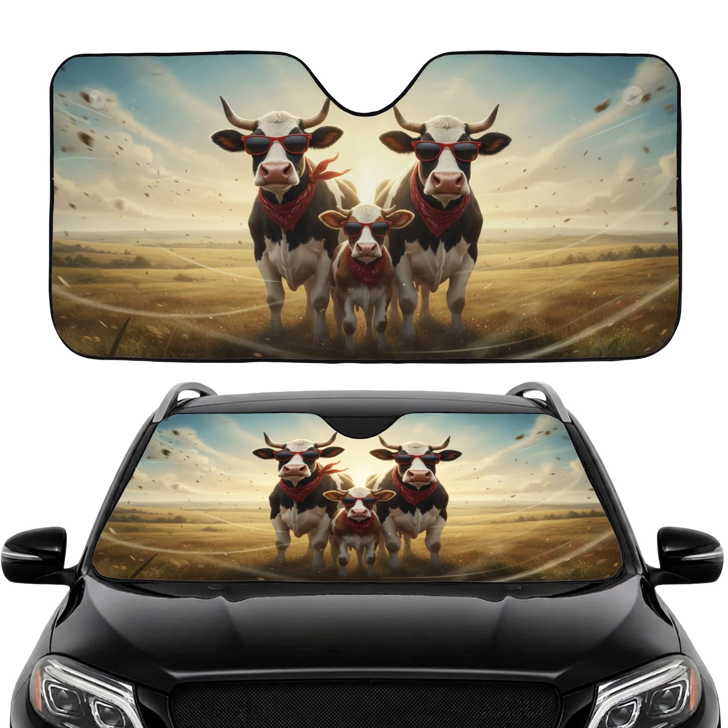 Mischievous Holstein Cows Red Sunglasses Bandanas Golden Prairie - Farmhouse Cow Lover Gift Car Sunshade - 1