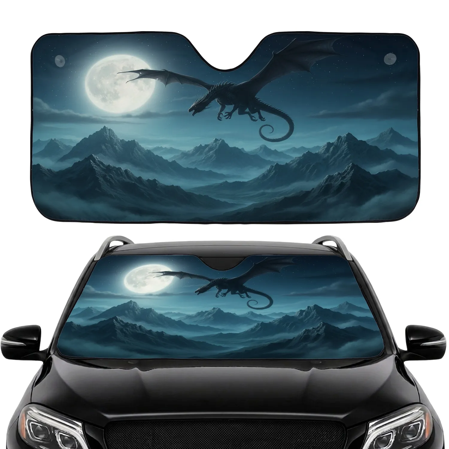 Majestic Dragon Moon Mountain Scene - Fantasy Adventure Gift for Fans Car Sunshade - 1