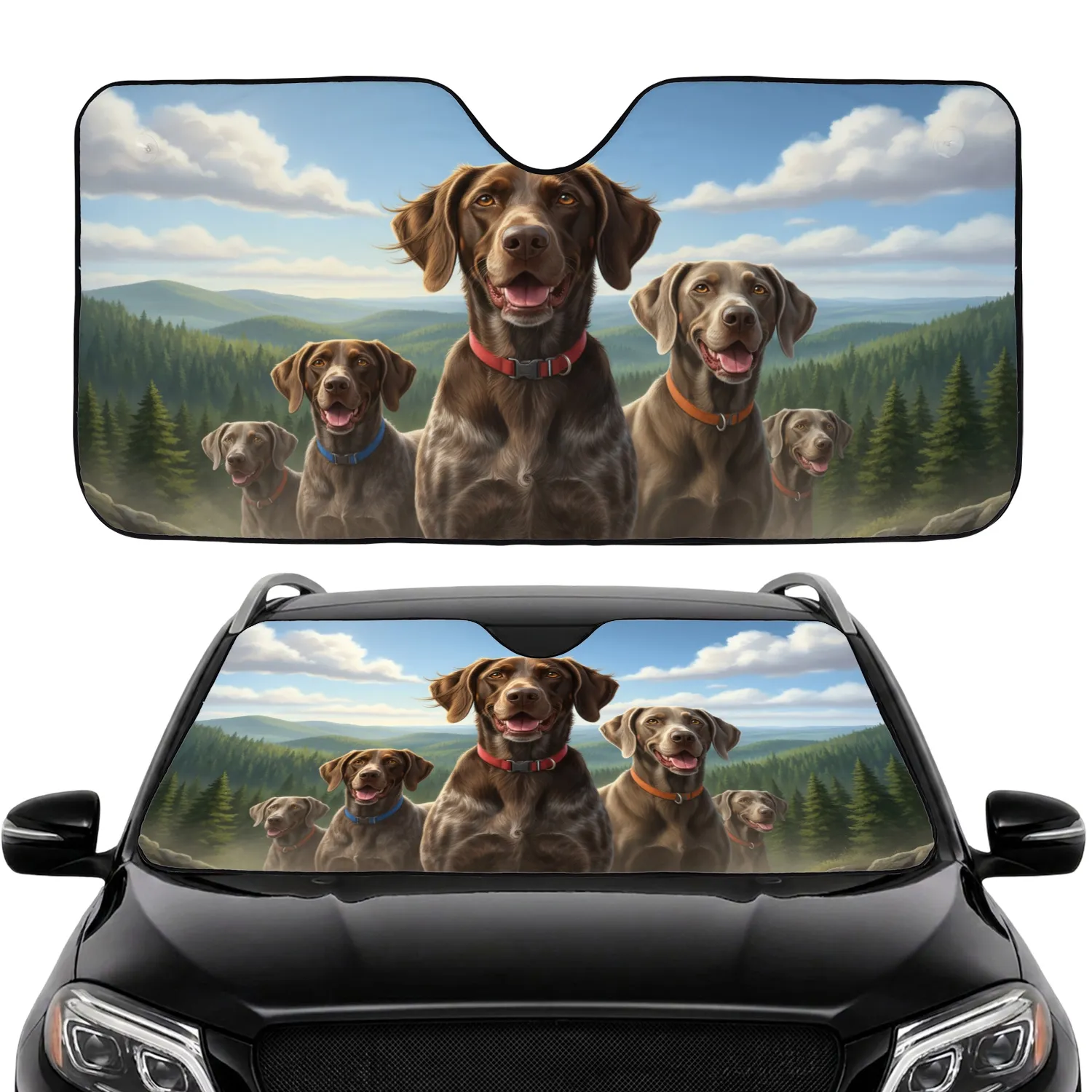 Five Curious Joyful Pointer Weimaraner Dogs Rolling Hills Landscape - Dog Lover Gift Car Sunshade - 1