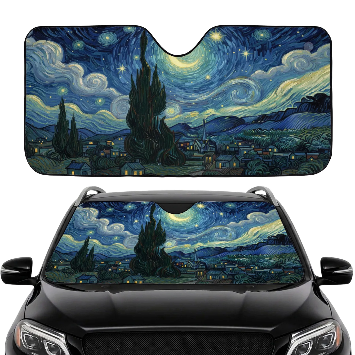 Swirling Night Sky Cypress Tree Crescent Moon Village - Home Decor Gift Car Sunshade - 1