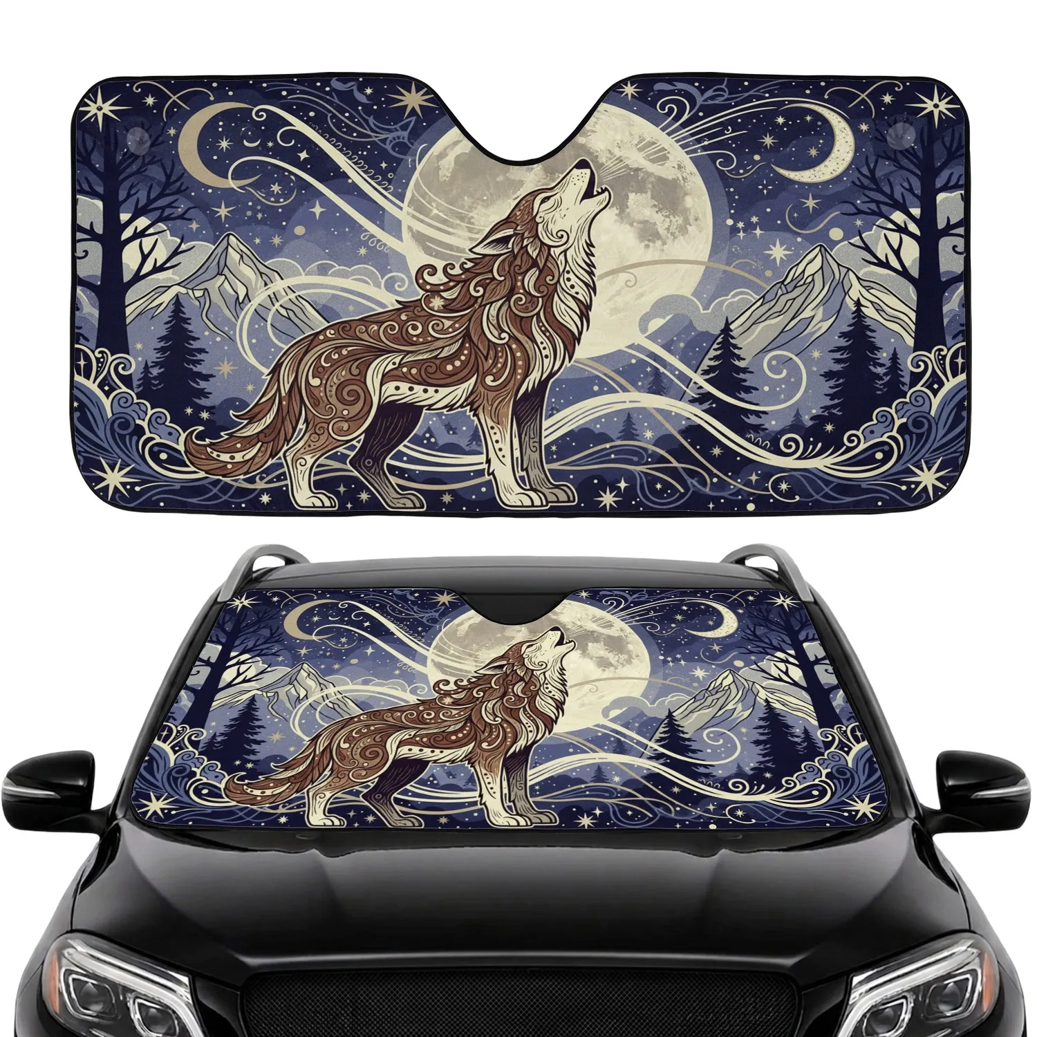 Majestic Wolf Howling Full Moon Celestial Forest - Wildlife Lover Gift for Wolf Lovers Car Sunshade - 1