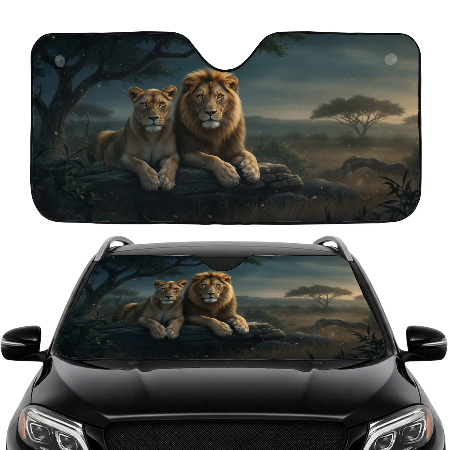 Powerful Golden Mane Lion Lioness Twilight Savanna Landscape - Wildlife Lover Gift Car Sunshade - 1