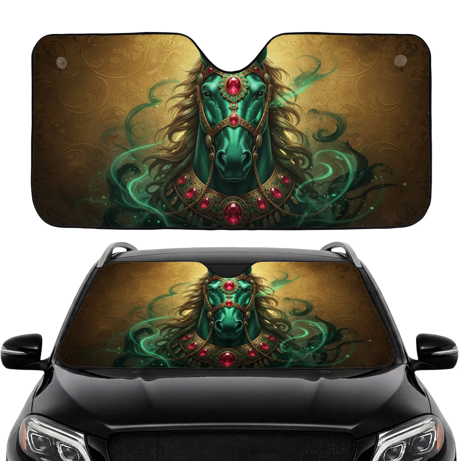 Majestic Emerald Horse Head Golden Bridle Ruby Gemstones - Luxury Car Accessory Gift Car Sunshade - 1