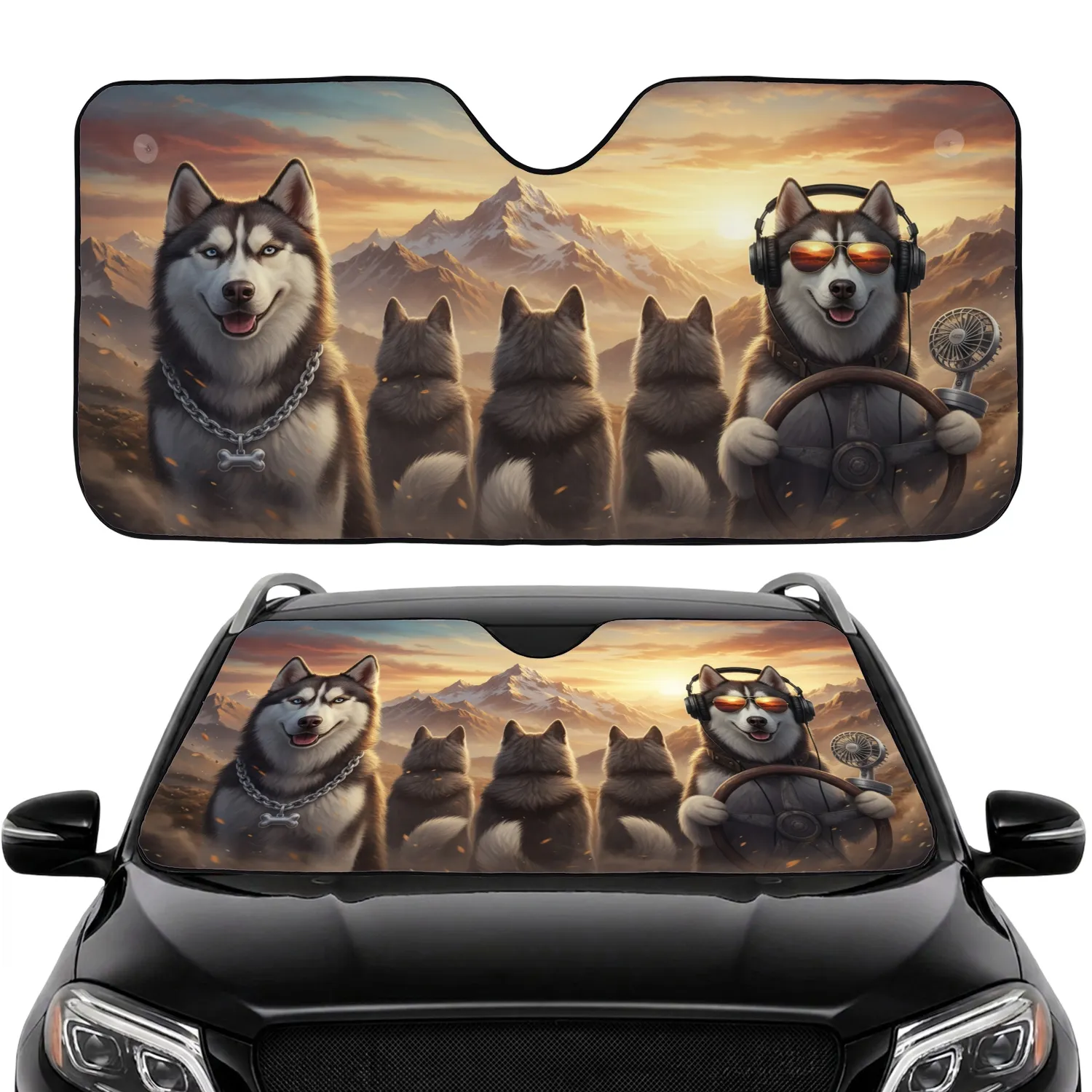 Siberian Huskies Mountain Sunset - Dog Lover Travel Essentials Gift Car Sunshade - 1