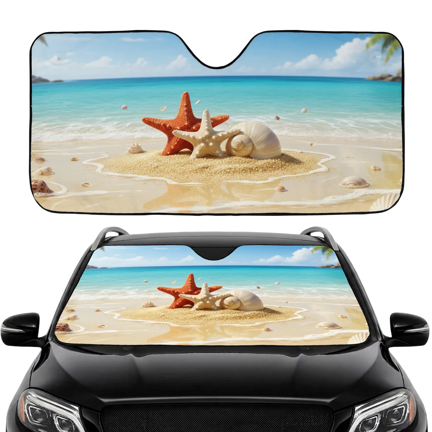 Tropical Beach Starfish Seashell Golden Sand Ocean Sky - Ocean Lover Home Decor Gift Car Sunshade - 1