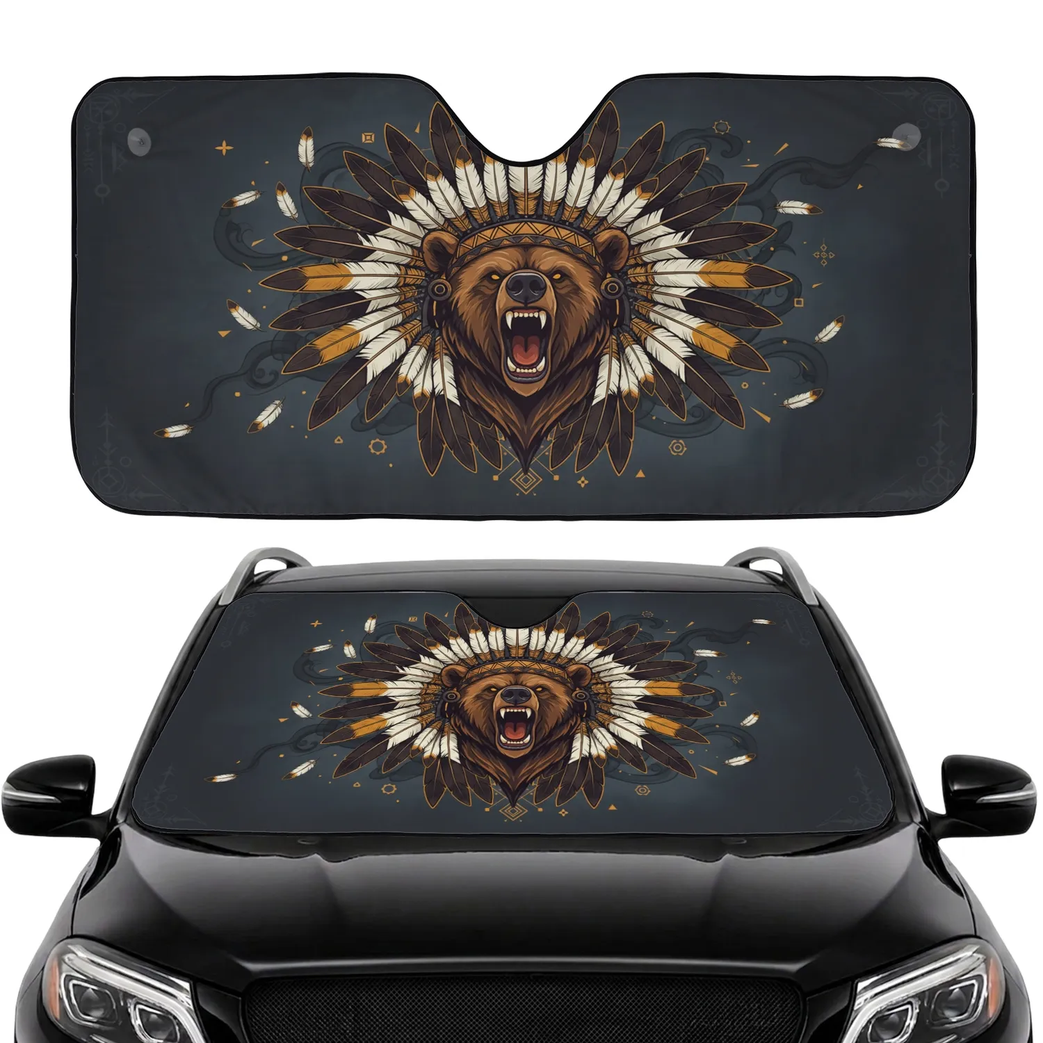 Roaring Grizzly Bear Tribal Clockwork Feathers - Wildlife Lover Gift Car Sunshade - 1
