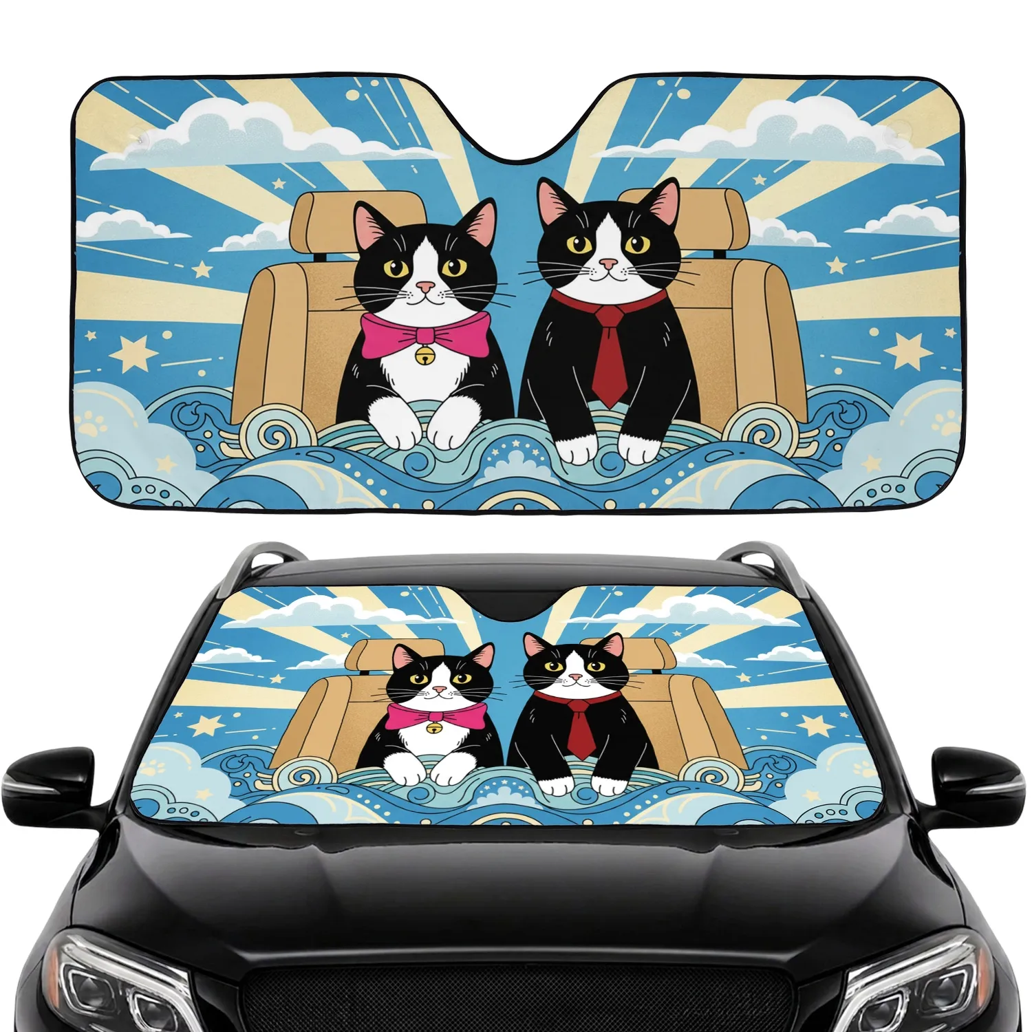Tuxedo Cats Pink Bow Red Tie Cloud Sky Sun Ray - Road Trip Gift for Cat Lover Car Sunshade - 1
