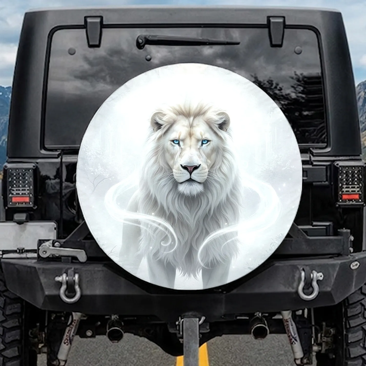 White Lion Flowing Mane Ice Blue Eyes Mist Frost Foliage - Wildlife Lover Gift Spare Tire Cover - 1