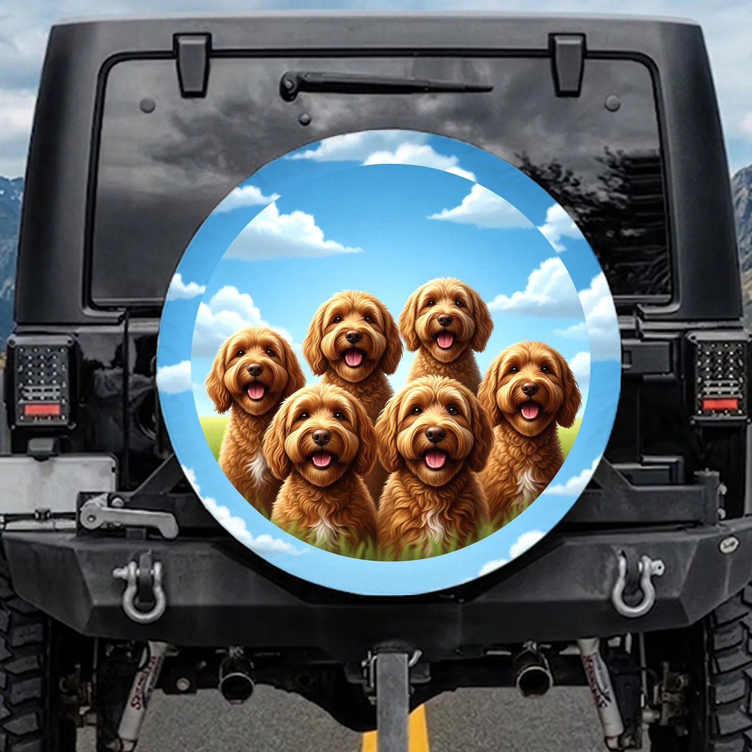 Five Goldendoodle Dogs Cumulus Clouds Natural Field - Dog Lover Gift Spare Tire Cover - 1