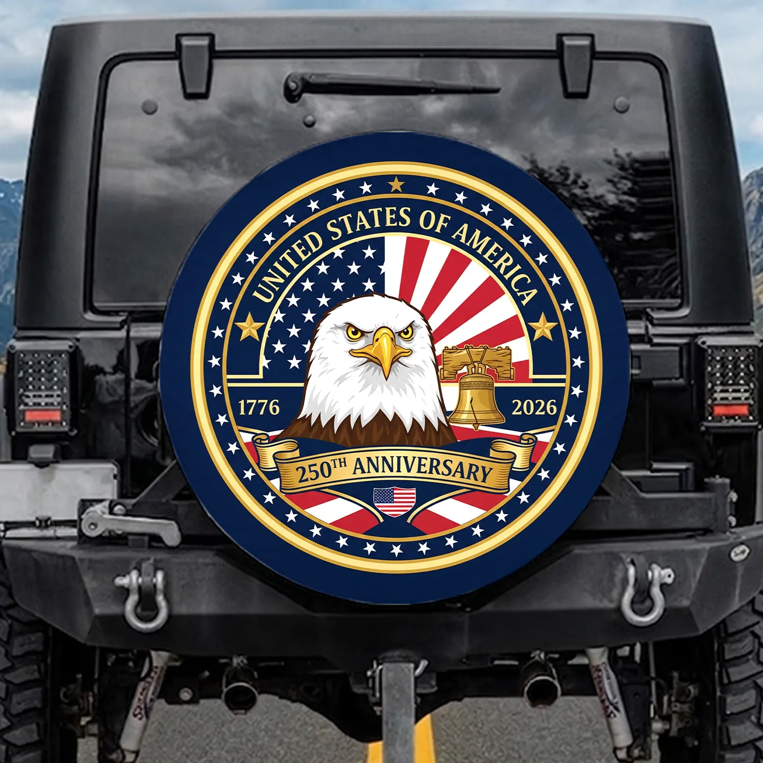 Bald Eagle American Flag 1776-2026 Liberty Bell - USA 250th Anniversary Celebration Spare Tire Cover - 1