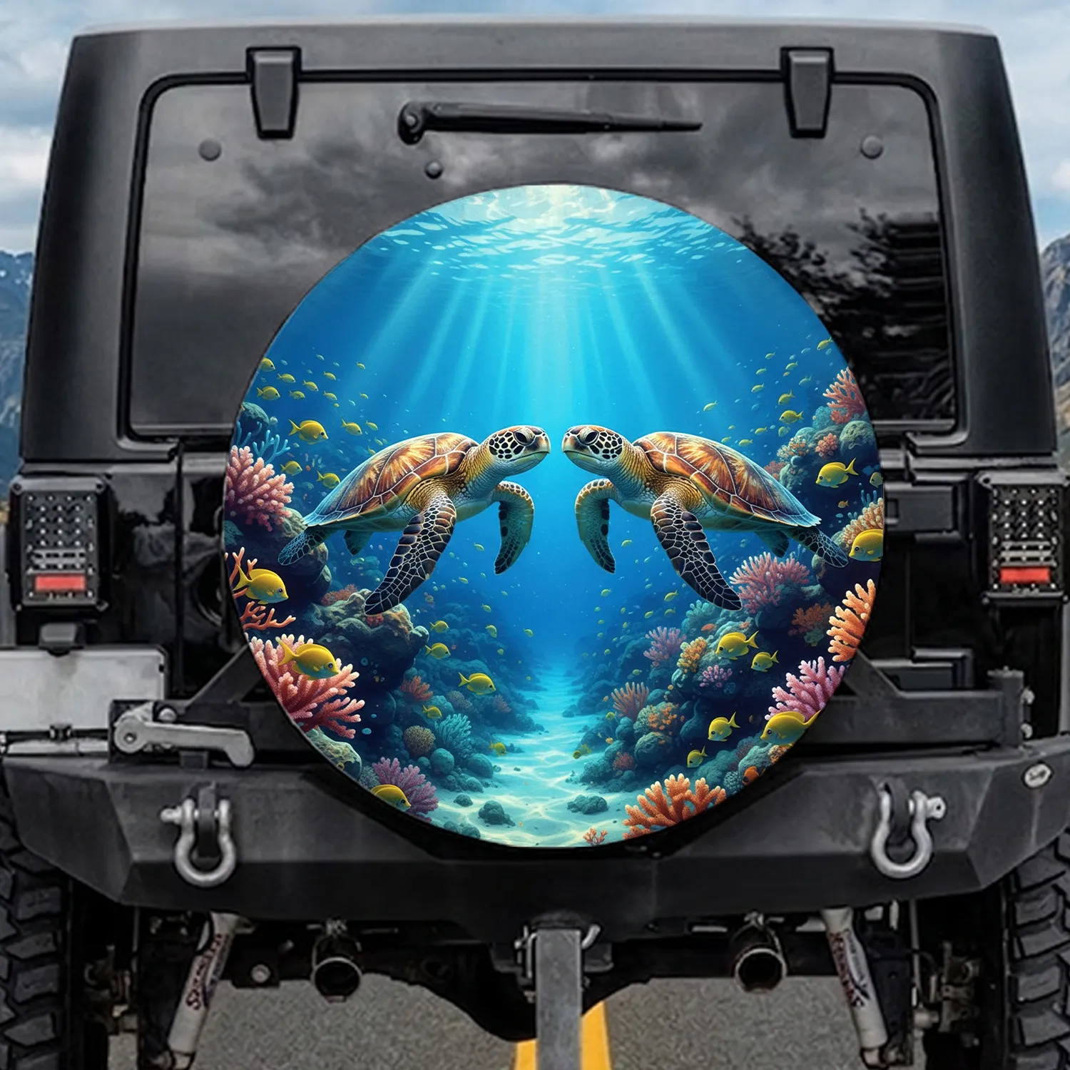 Green Yellow Sea Turtles Rich Coral Reefs Deep Blue Ocean Sunbeams - Underwater Wildlife Gift Spare Tire Cover - 1