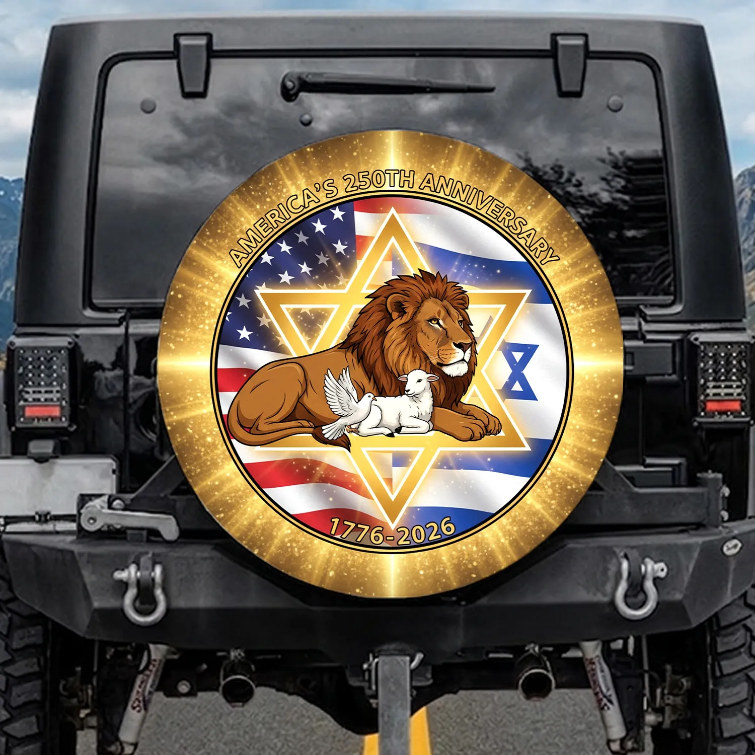 Lion Lamb Dove Star of David American Israeli Flag 1776-2026 - USA 250th Freedom Celebration Spare Tire Cover - 1