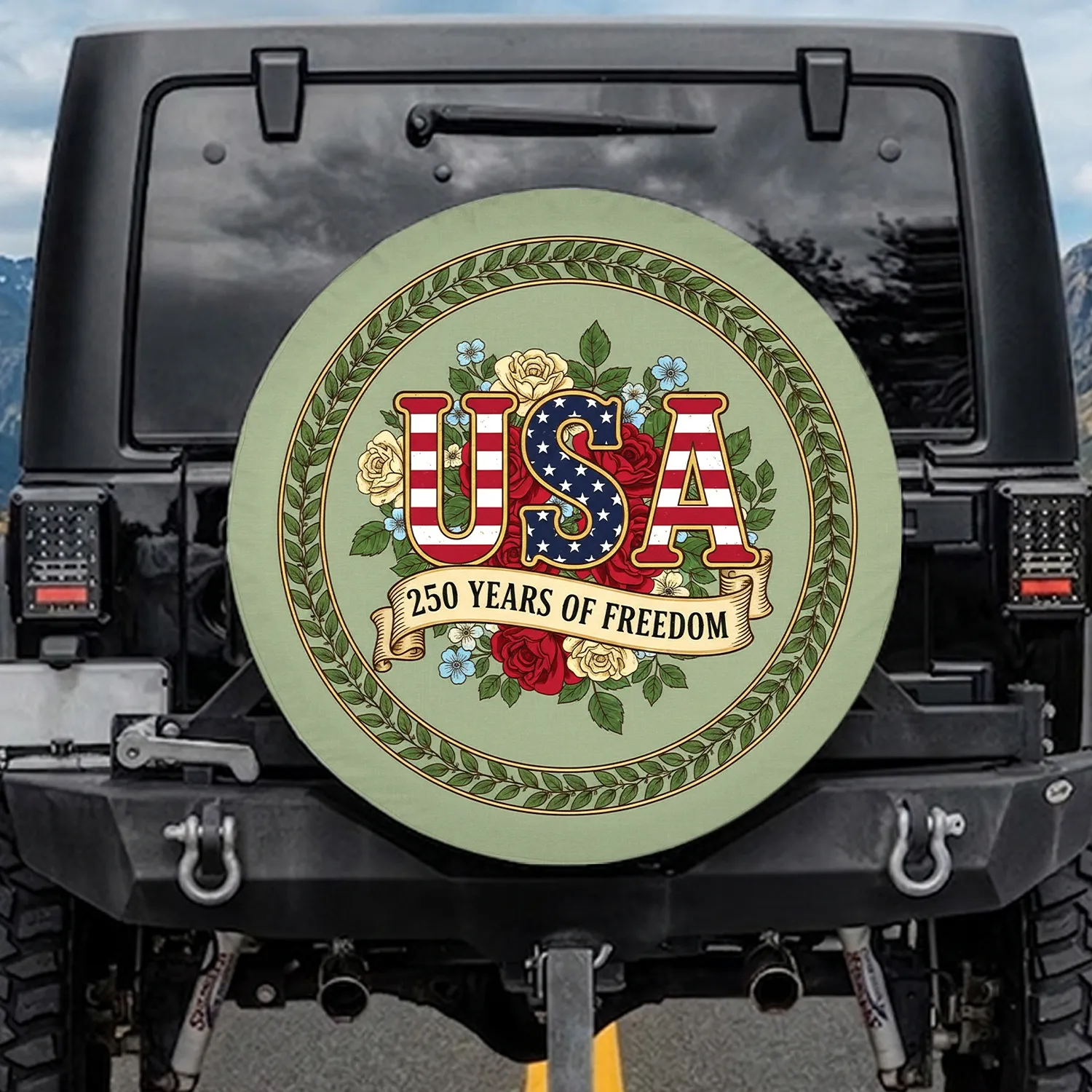 USA Flag Letters Roses Foliage - 250 Years of Freedom Patriotic Anniversary 1776-2026 Spare Tire Cover - 1