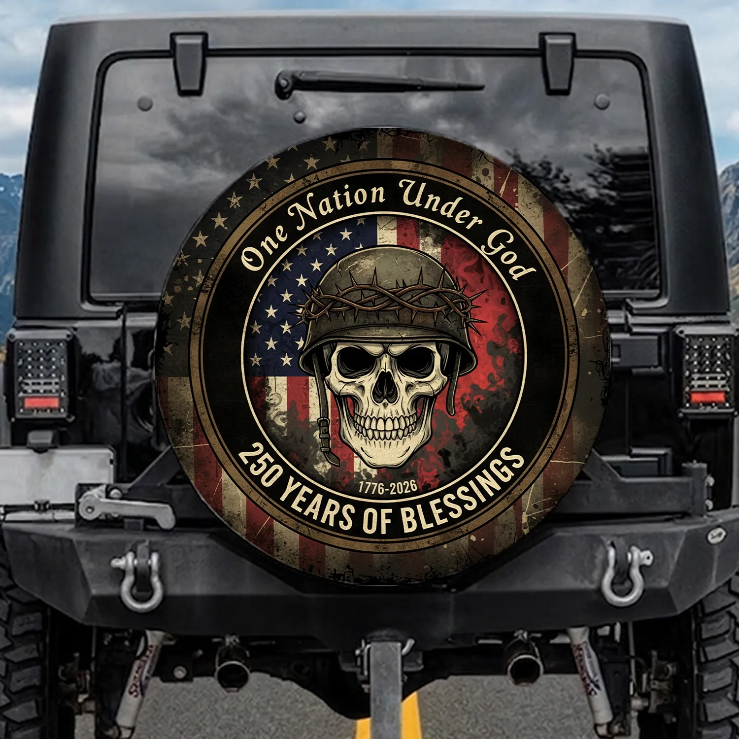 Skull Military Helmet Distressed American Flag 1776-2026 - USA 250th Anniversary Veterans Spare Tire Cover - 1