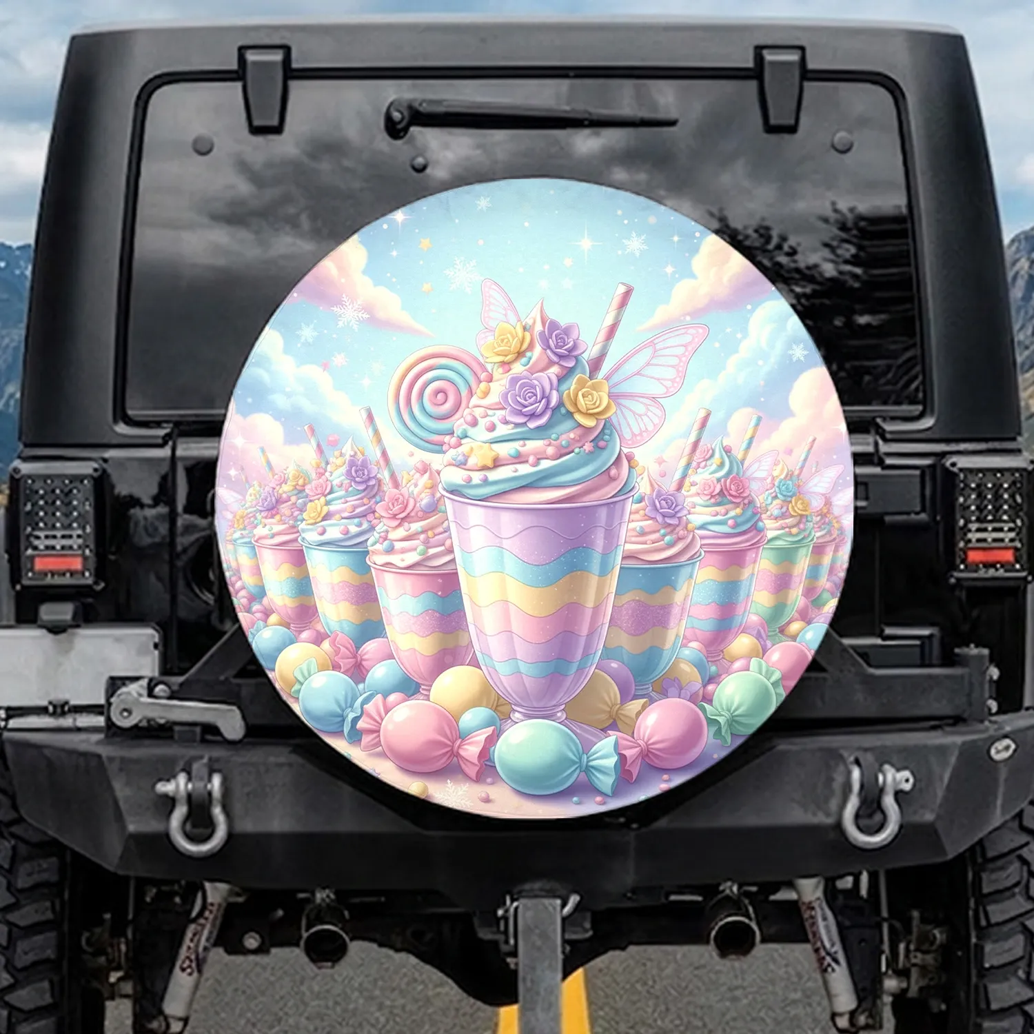 Pastel Dessert Cups Milkshakes Candies Lollipops - Sweet Shop Home Decor Gift Spare Tire Cover - 1