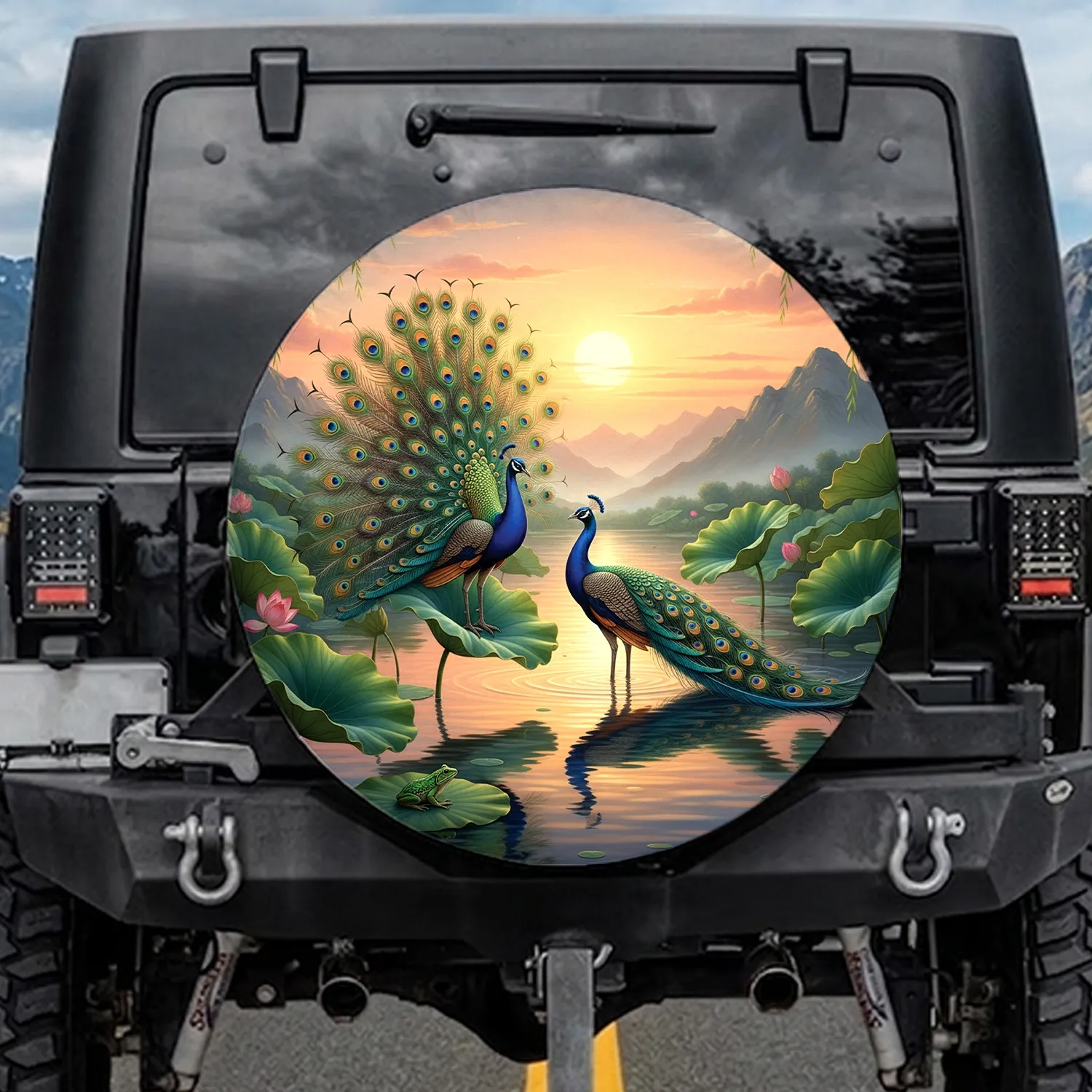 Peacocks Lotus Water Sun - Wildlife Lover Home Decor Gift Spare Tire Cover - 1
