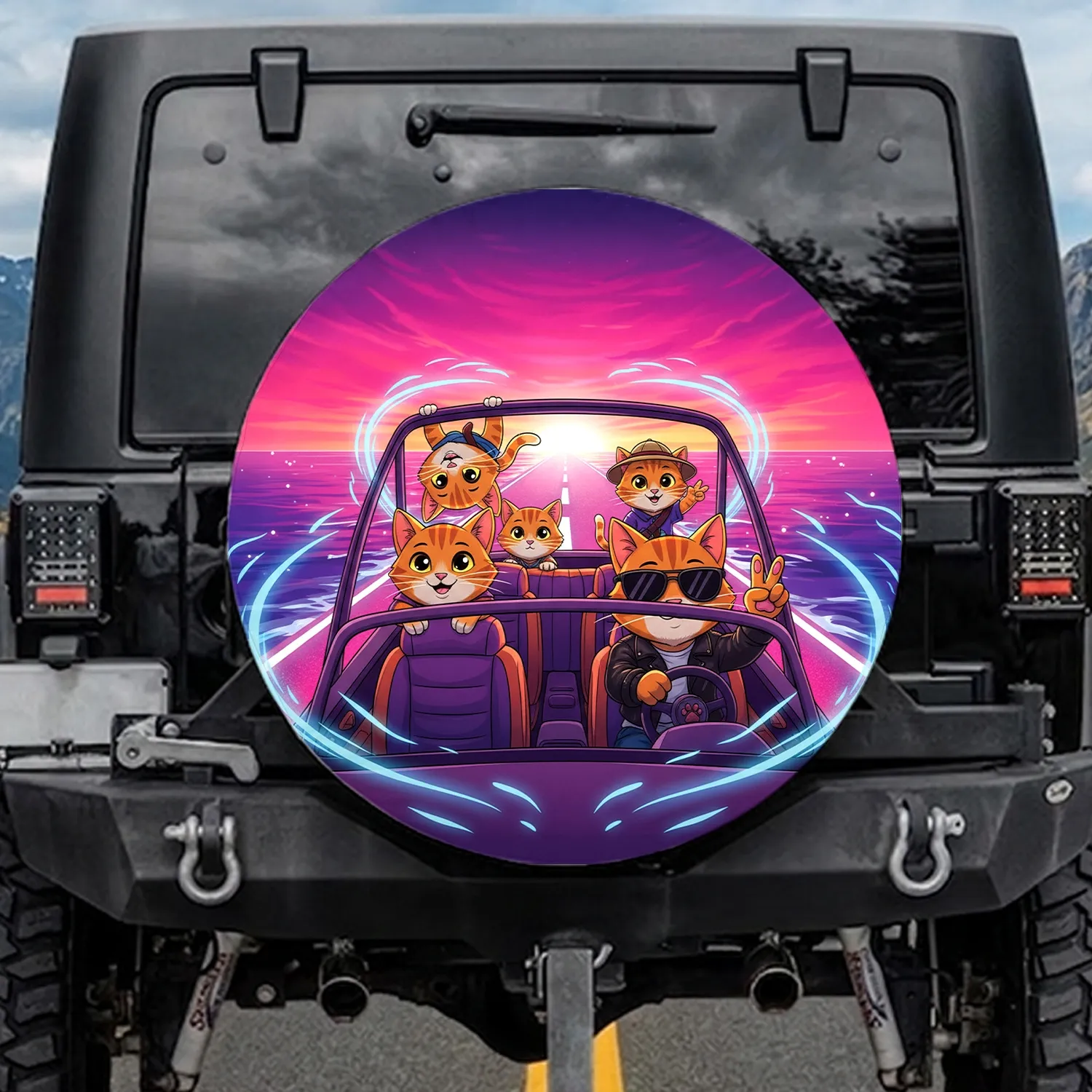 Orange Tabby Cats Driving Sunglasses Peace Sign Ocean Sunset - Adventure Gift Spare Tire Cover - 1