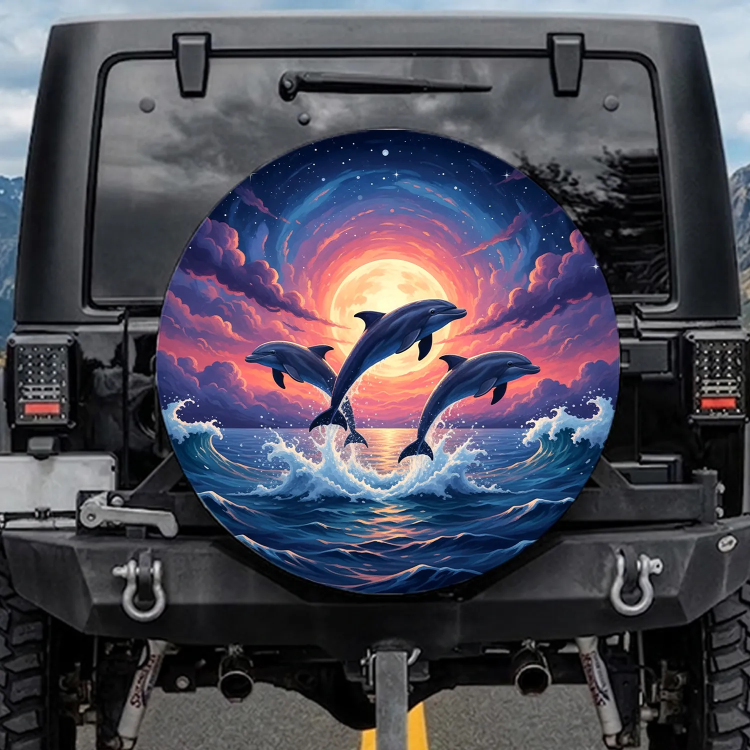 Majestic Dolphins Vibrant Ocean Waves Full Moon Starry Sky - Ocean Lover Gift Spare Tire Cover - 1