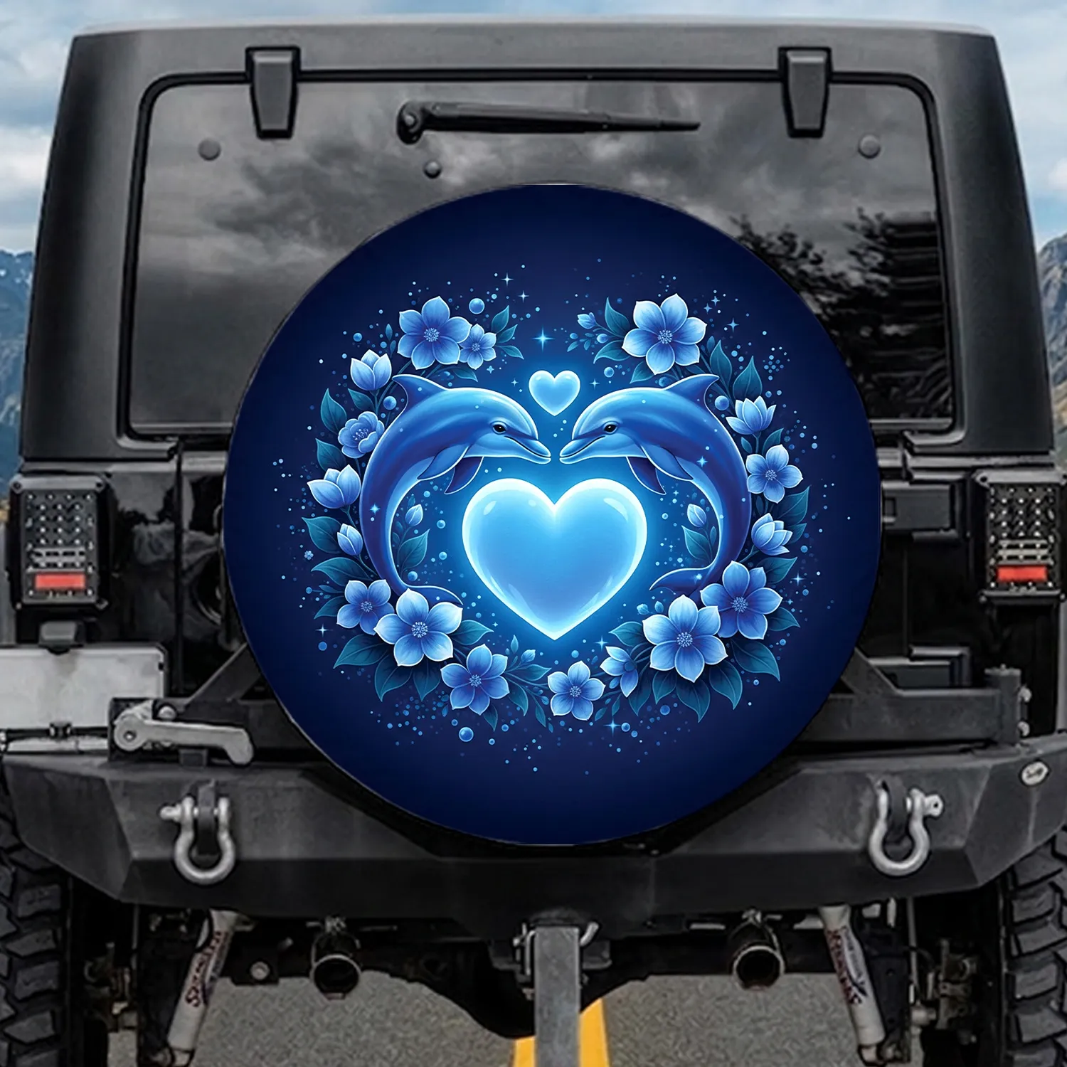 Blue Dolphins Glowing Heart Blue Flowers - Ocean Lover Gift Spare Tire Cover - 1