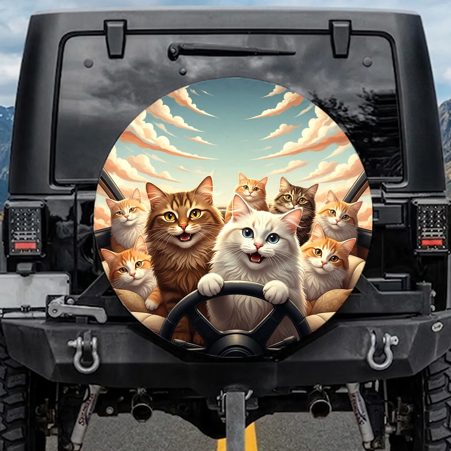 Diverse Domestic Cats Steering Wheel Vehicle Interior Sky - Cat Lover Gift Spare Tire Cover - 1