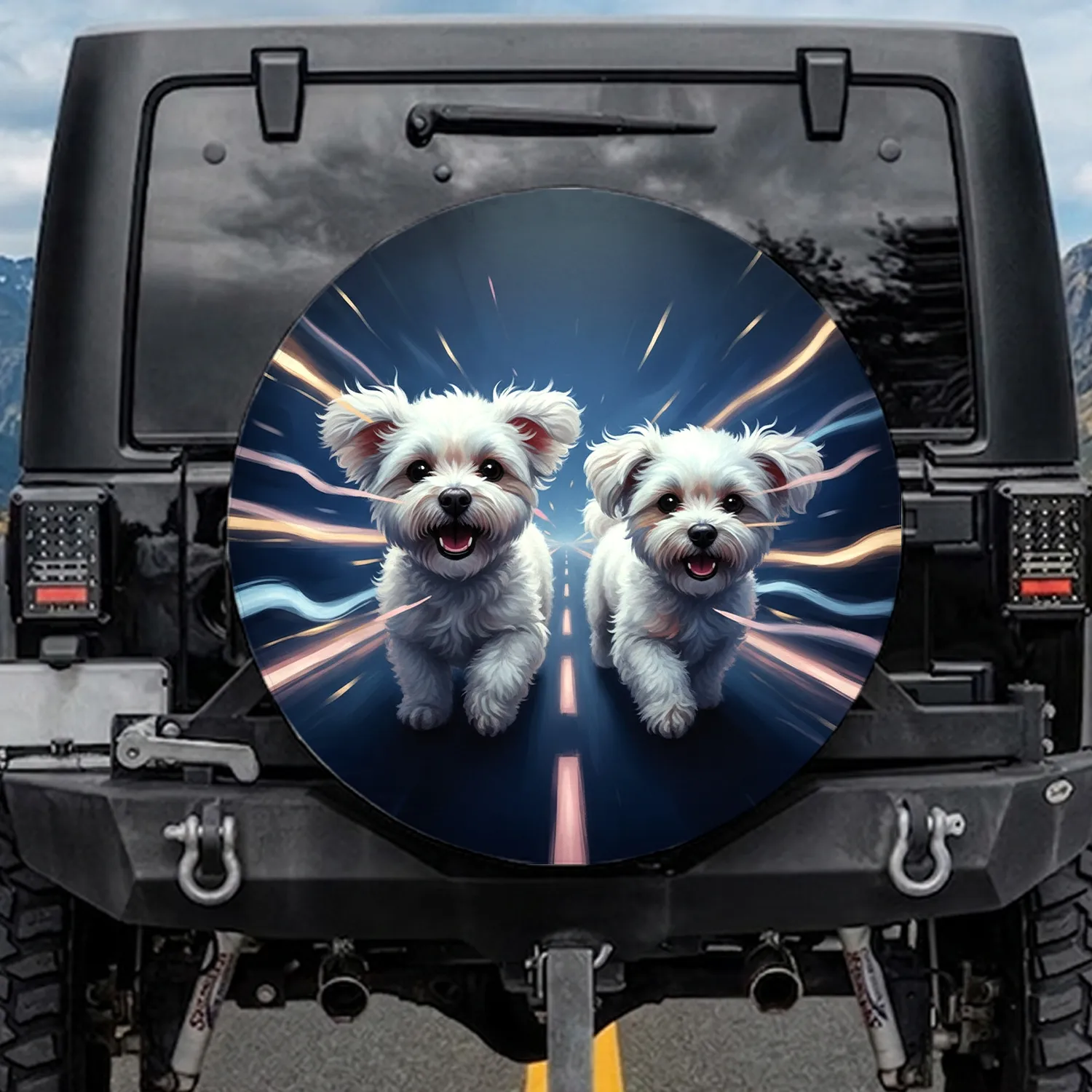 Smiling Energetic Fluffy White Dogs - Open Road Travel Gift for Dog Lovers Spare Tire Cover - 1
