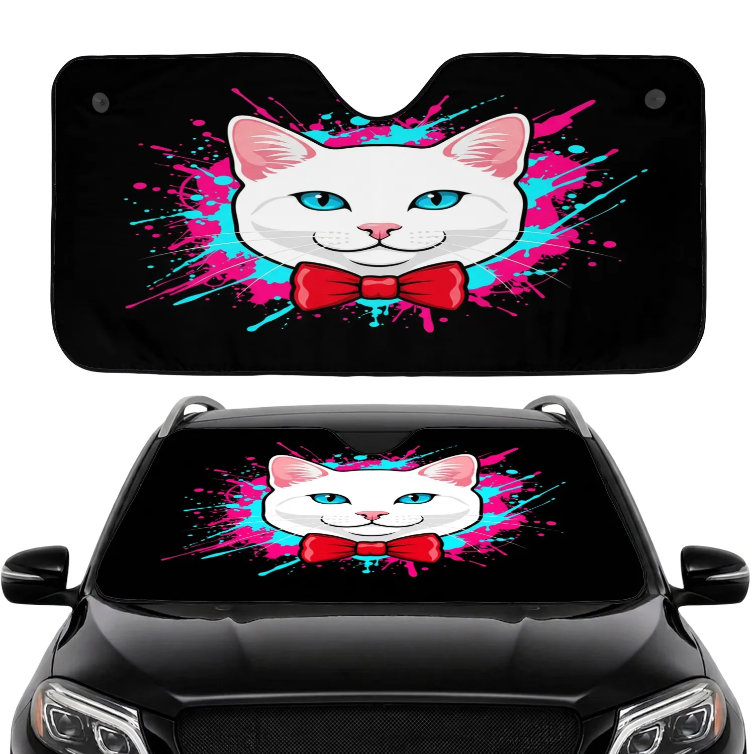 Charismatic White Cat Blue Eyes Red Bow Tie - Cat Lover Home Decor Gift Car Sunshade - 1