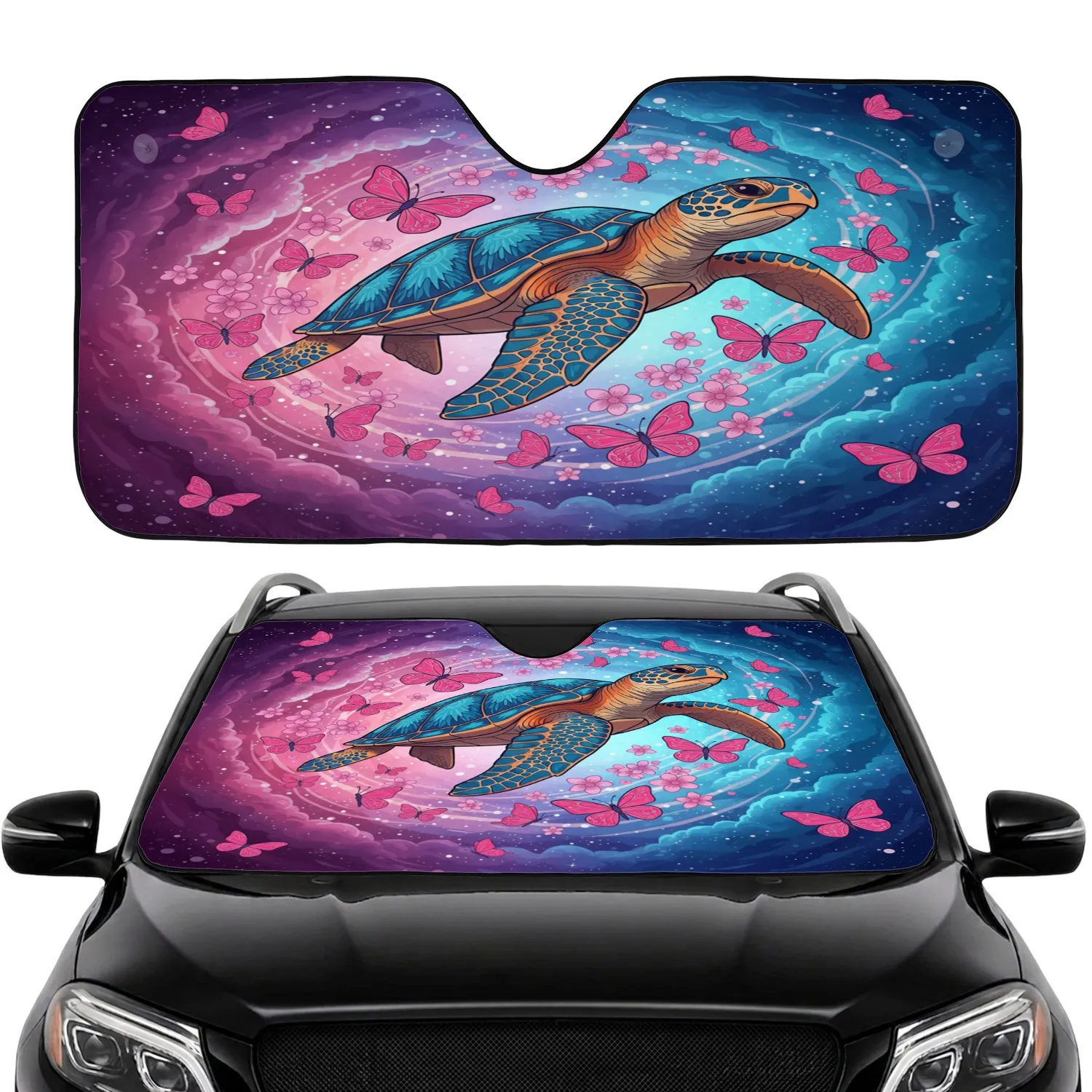 Majestic Sea Turtle Pink Butterflies Flowers - Wildlife Lover Home Decor Gift Car Sunshade - 1