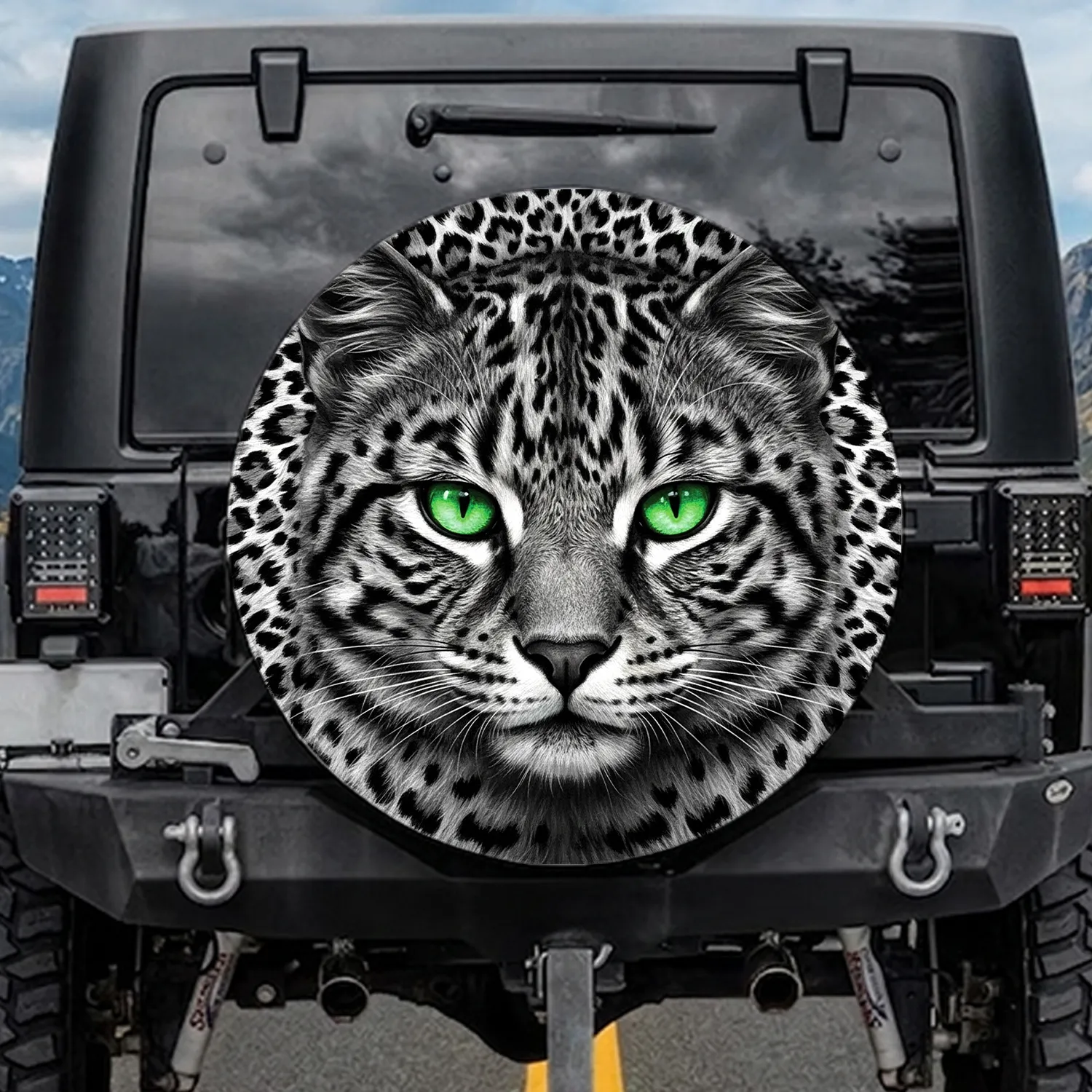 Vertical Pupils Emerald Green Cat Eyes Jet Black White Leopard Fur - Wildlife Lover Gift Spare Tire Cover - 1