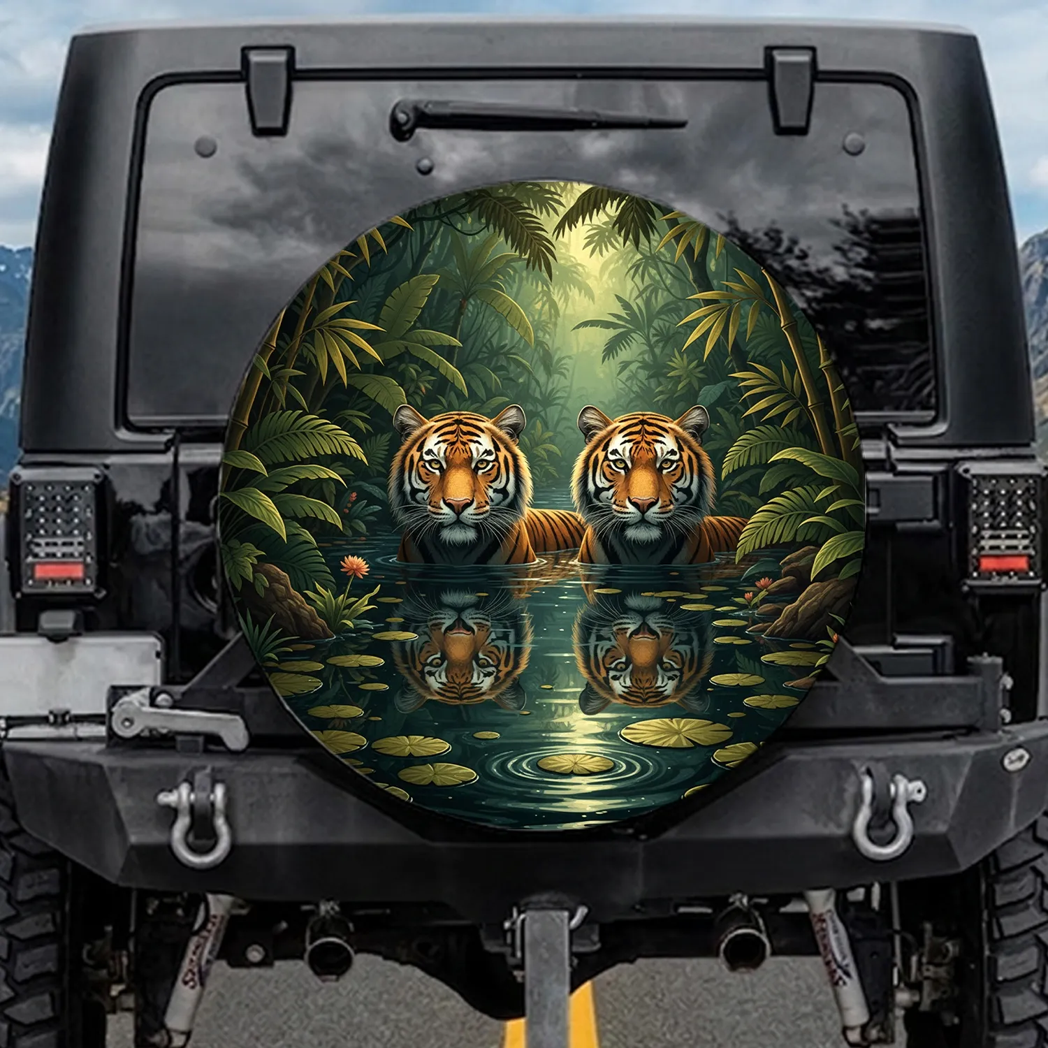 Majestic Bengal Tigers Jungle Foliage Water - Wildlife Lover Home Decor Gift Spare Tire Cover - 1