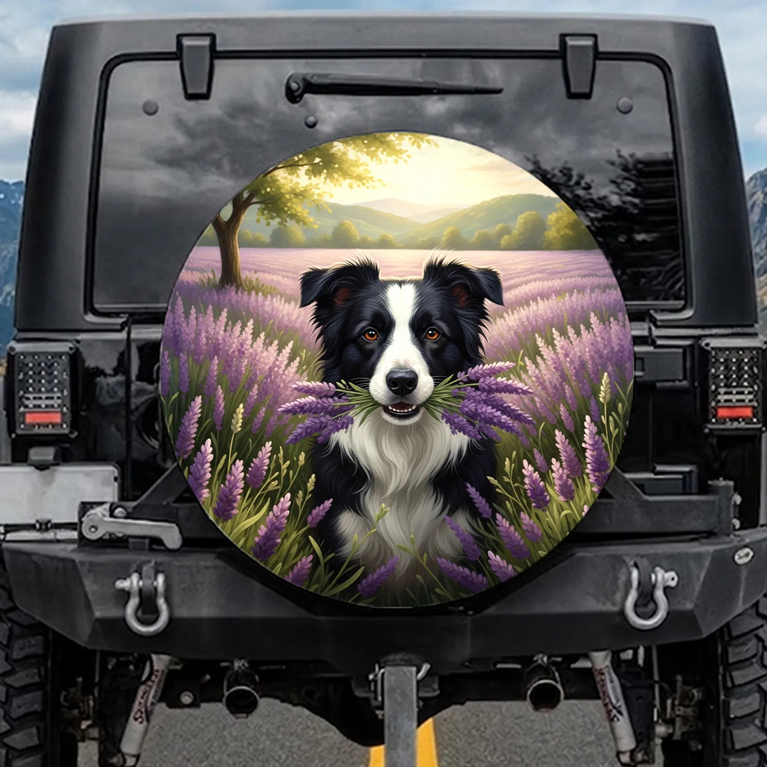 Border Collie Dog Lavender Field Flowers - Dog Lover Home Decor Gift Spare Tire Cover - 1