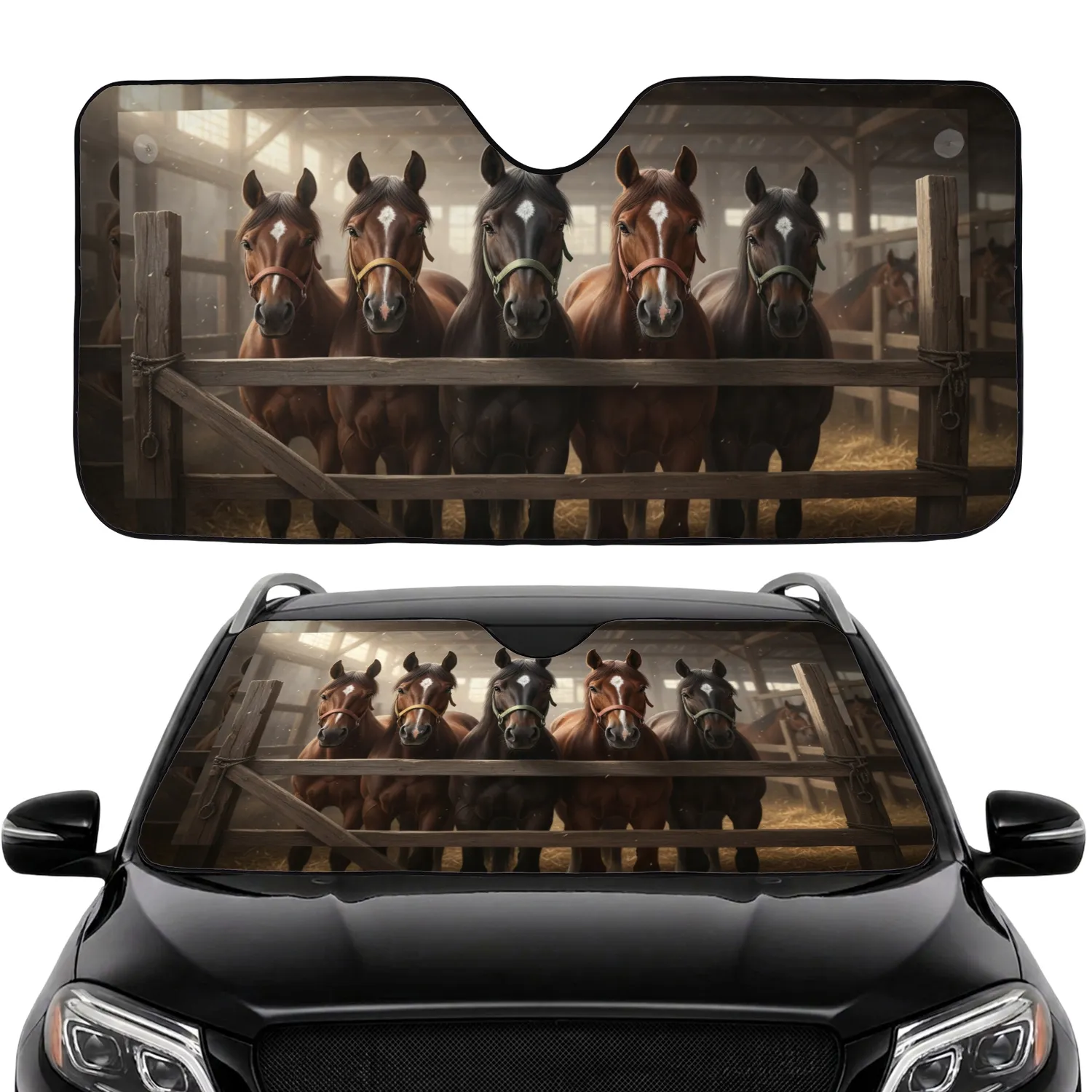 Five Majestic Horses Rustic Stable Farmhouse Home Decor - Horse Lover Gift Car Sunshade - 1