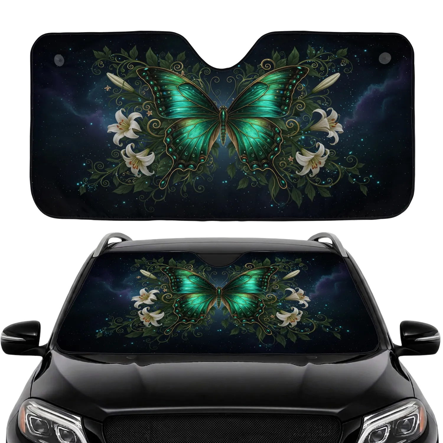Emerald Gold Butterfly Lily Foliage Starry Night - Home Decor Wildlife Lover Gift Car Sunshade - 1