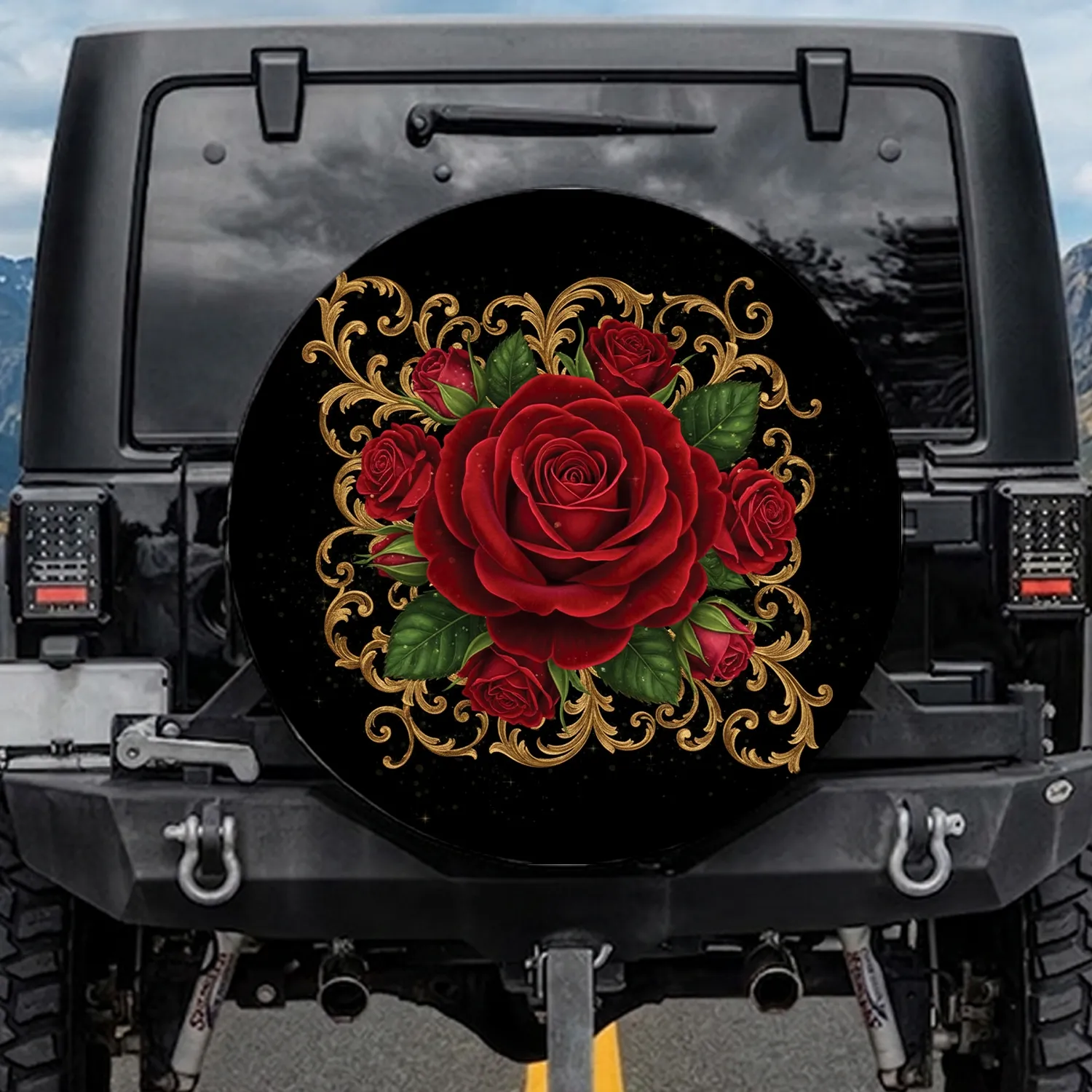 Majestic Deep Red Rose Golden Baroque Filigree Lush Green Leaves Home Decor Gift Spare Tire Cover - 1
