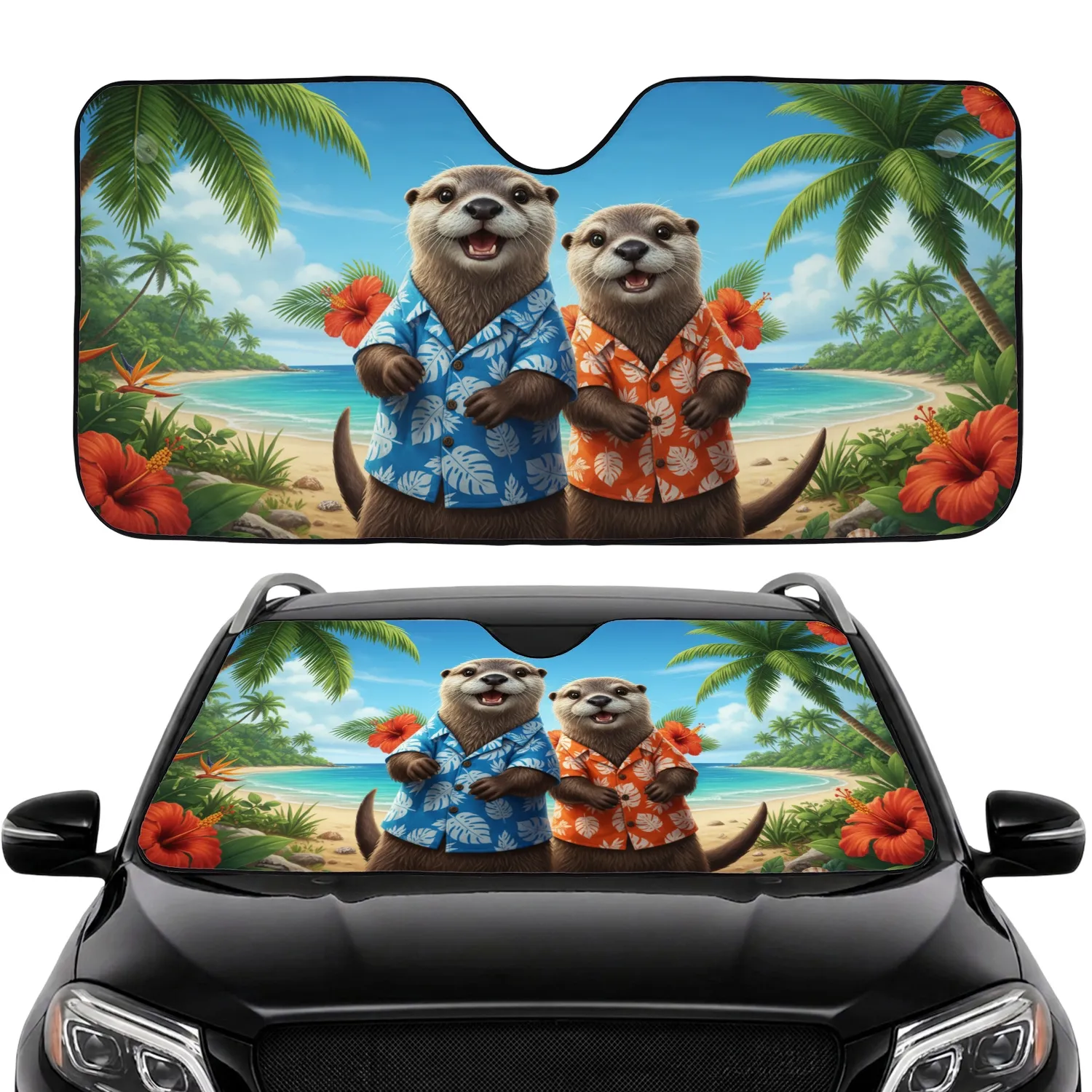 Smiling Otters Hawaiian Shirts Tropical Beach - Wildlife Lover Gift Car Sunshade - 1