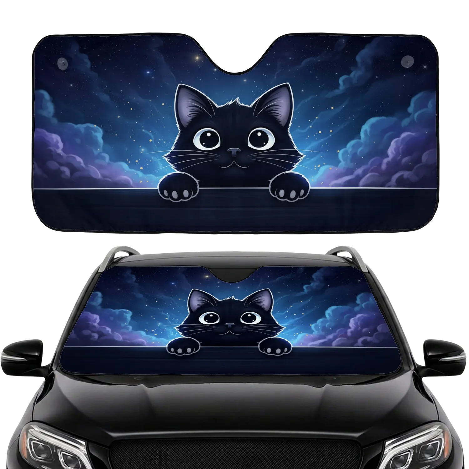 Black Cat White Eyes Peeking Cosmic Nebula Starlight - Everyday Gift for Cat Lovers Car Sunshade - 1