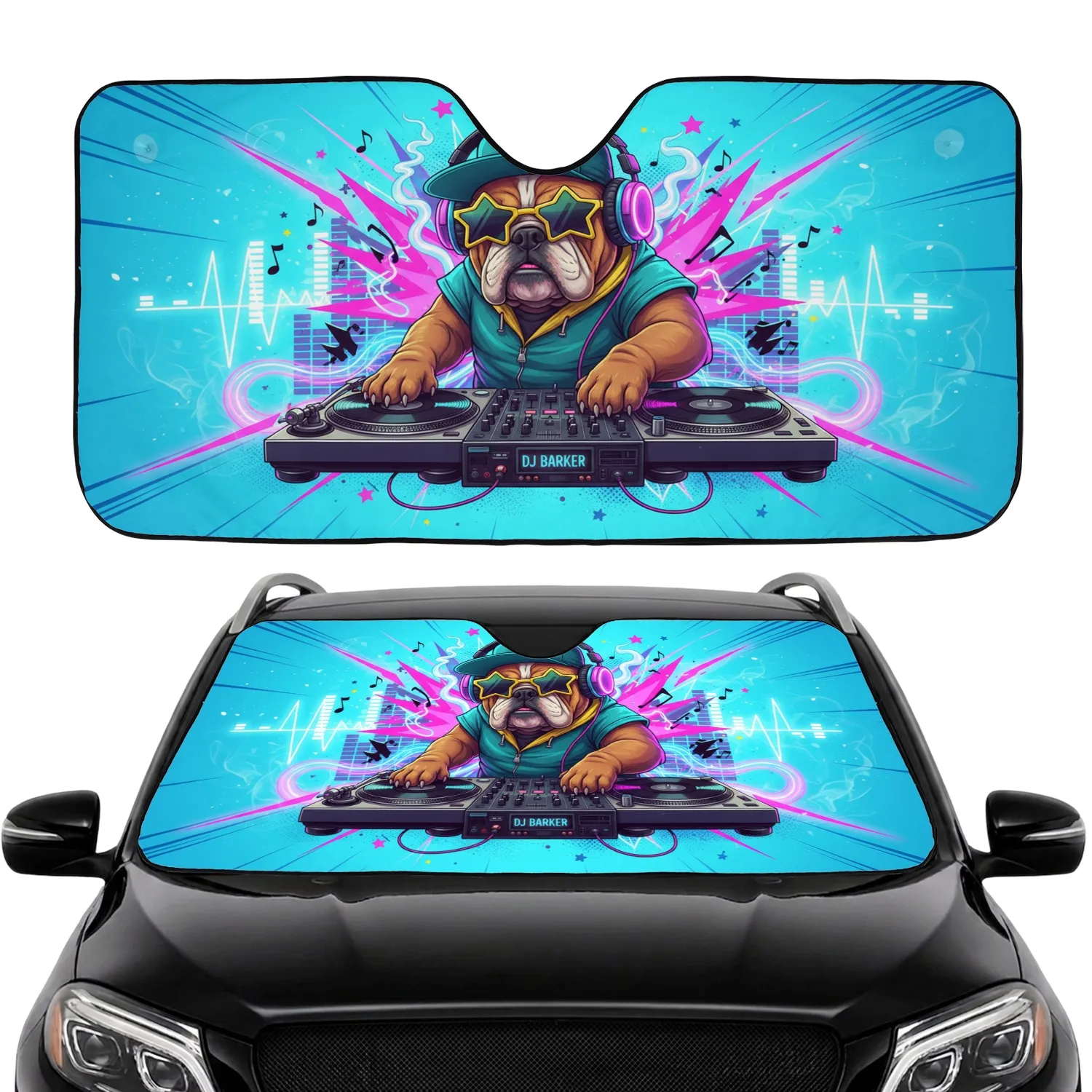Bulldog DJ Turntables Neon Music - Nightlife Lover Gift Car Sunshade - 1