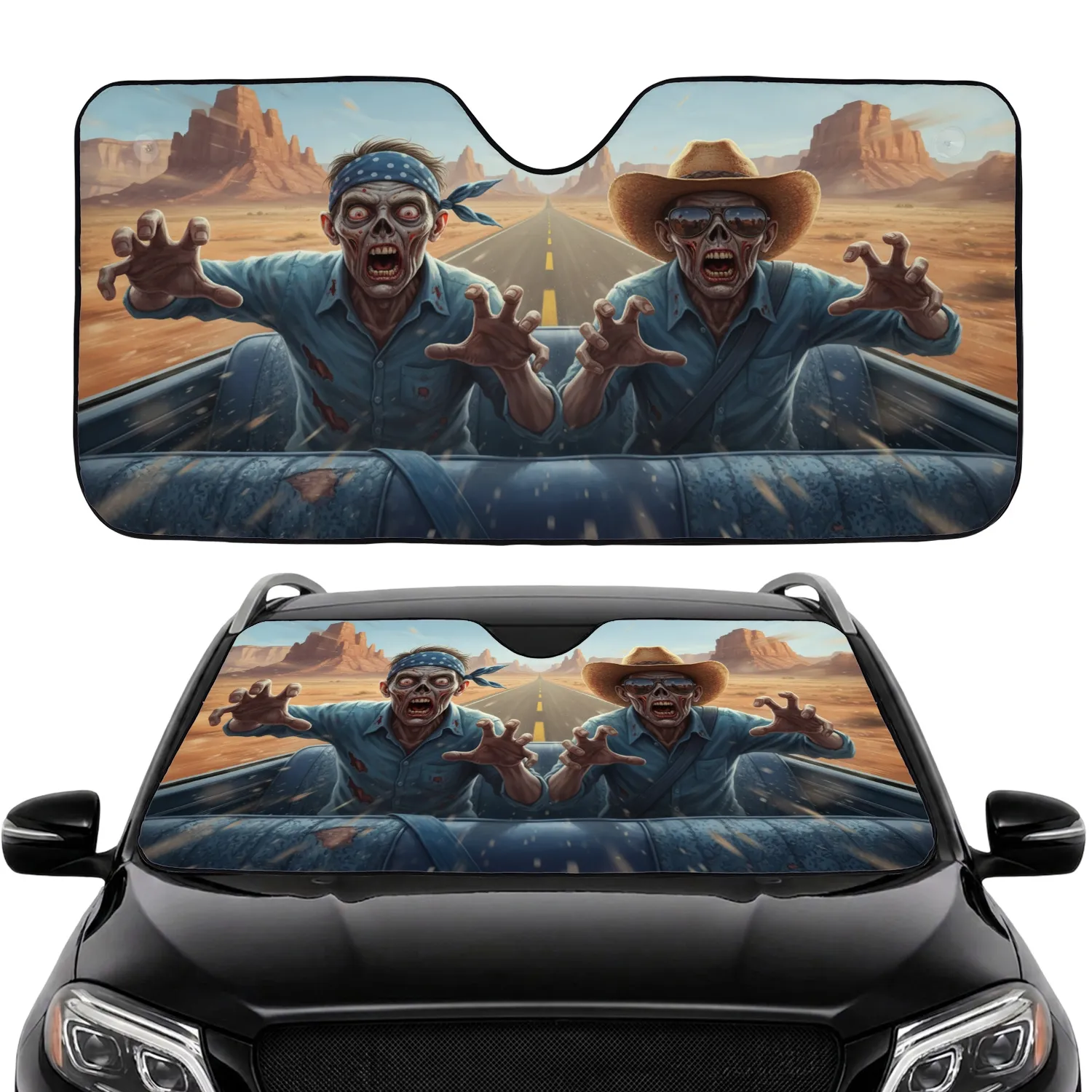 Frantic Zombie Duo Vintage Vehicle Desert Road Trip – Road Travel Essentials Car Sunshade - 1