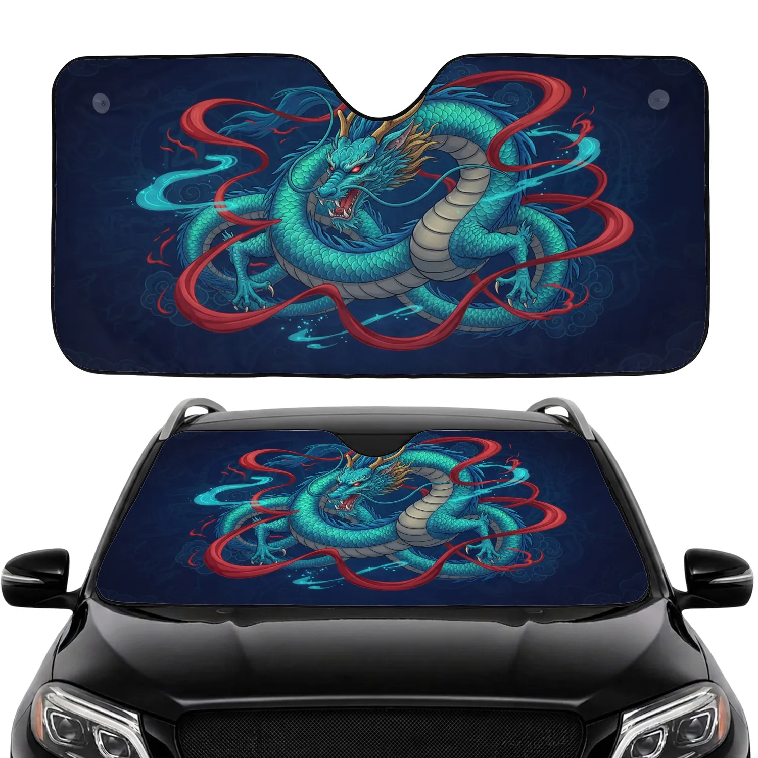 East Asian Dragon Blue Green Scales Golden Horns Red Ribbons - Home Decor Gift for Dragon Lover Car Sunshade - 1