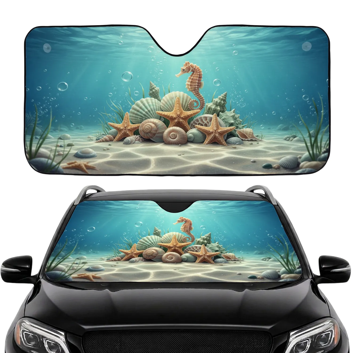 Seashell Starfish Seahorse Ocean Floor - Coastal Decor Gift for Beach Lover Car Sunshade - 1