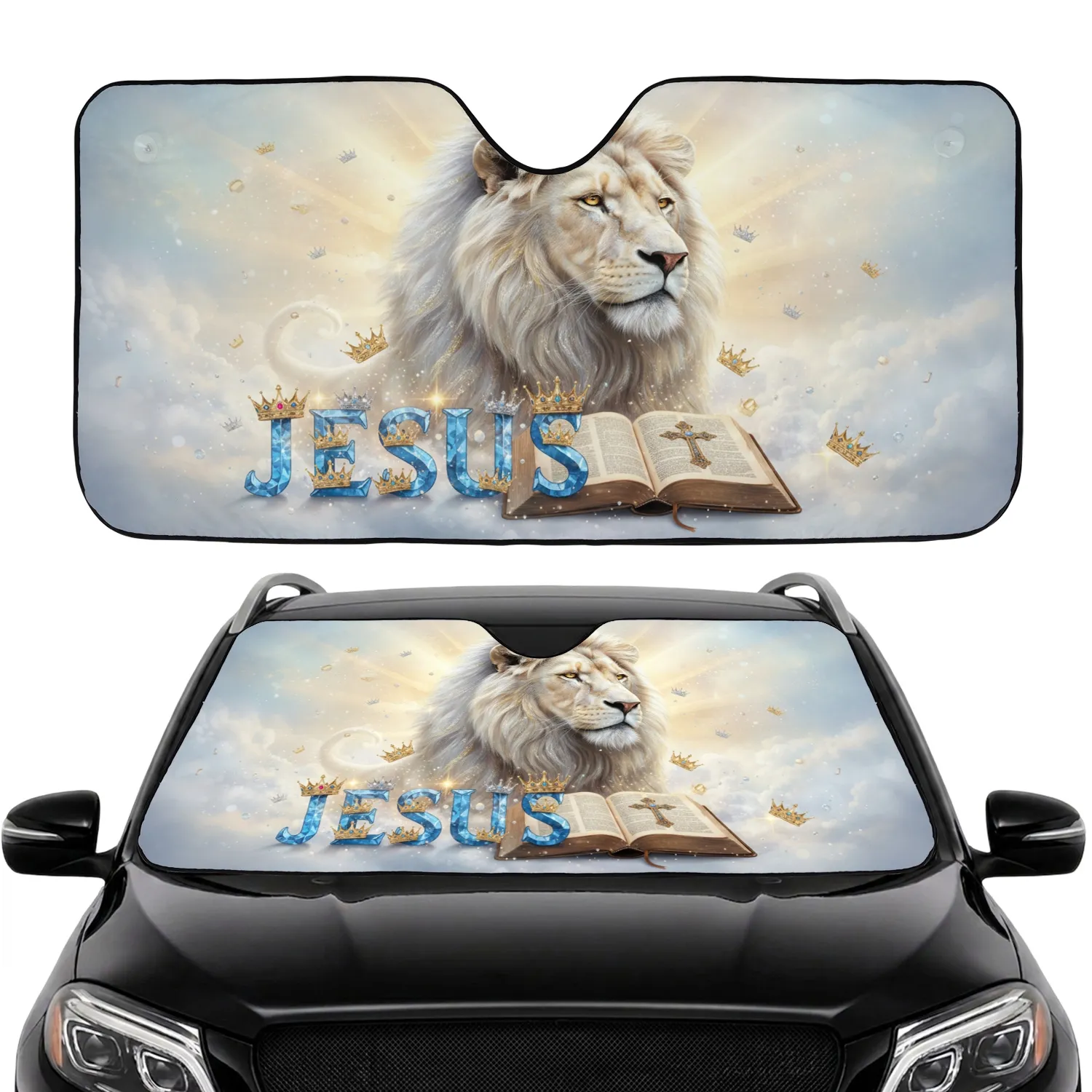 White Lion Jesus Bible Jeweled Cross Golden Crowns - Christian Devotion Gift Car Sunshade - 1