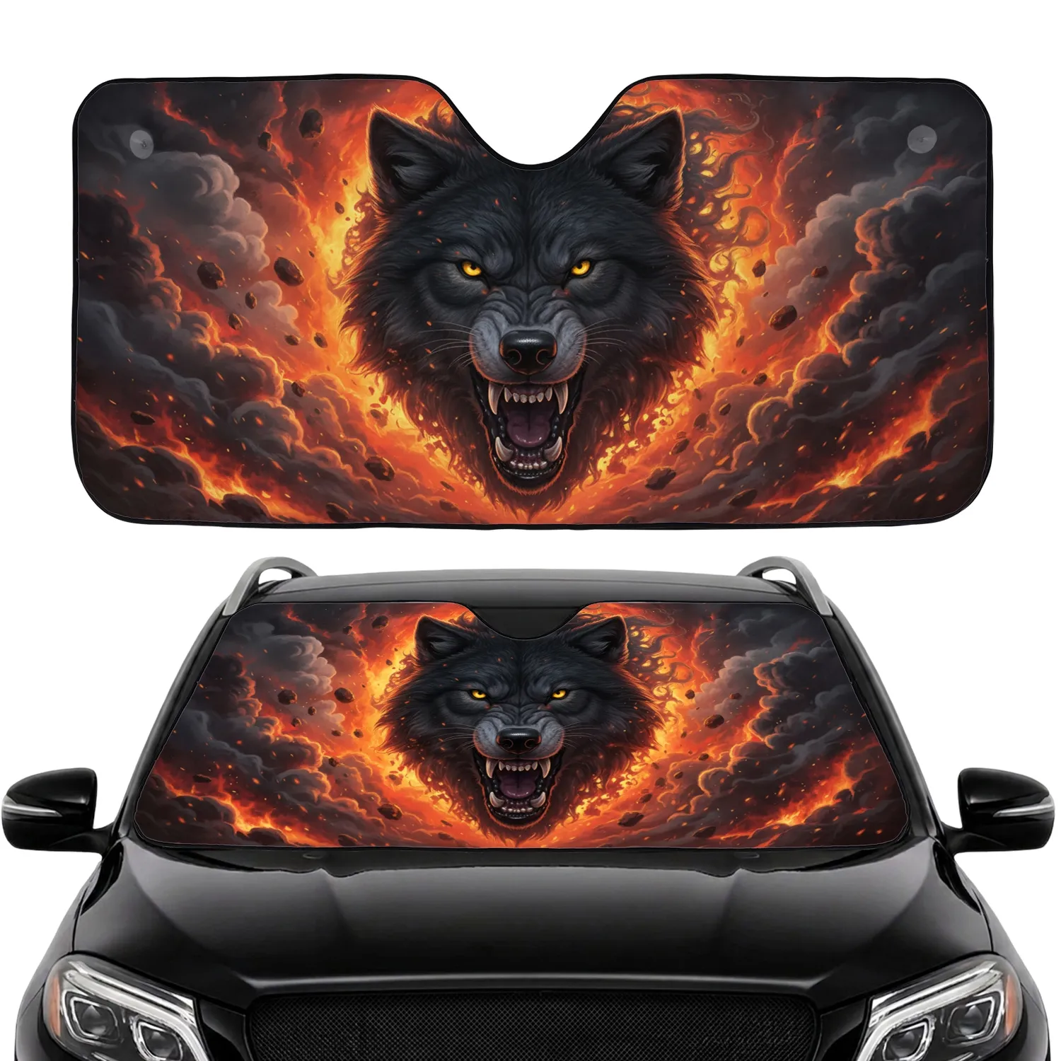 Snarling Black Wolf Head Glowing Yellow Eyes Fiery Smoke - Wildlife Lover Gift Car Sunshade - 1