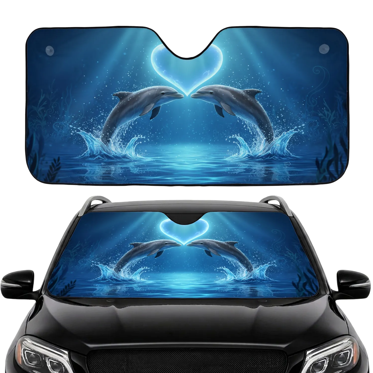 Majestic Dolphins Glowing Heart - Ocean Lover Marine Wildlife Gift Car Sunshade - 1