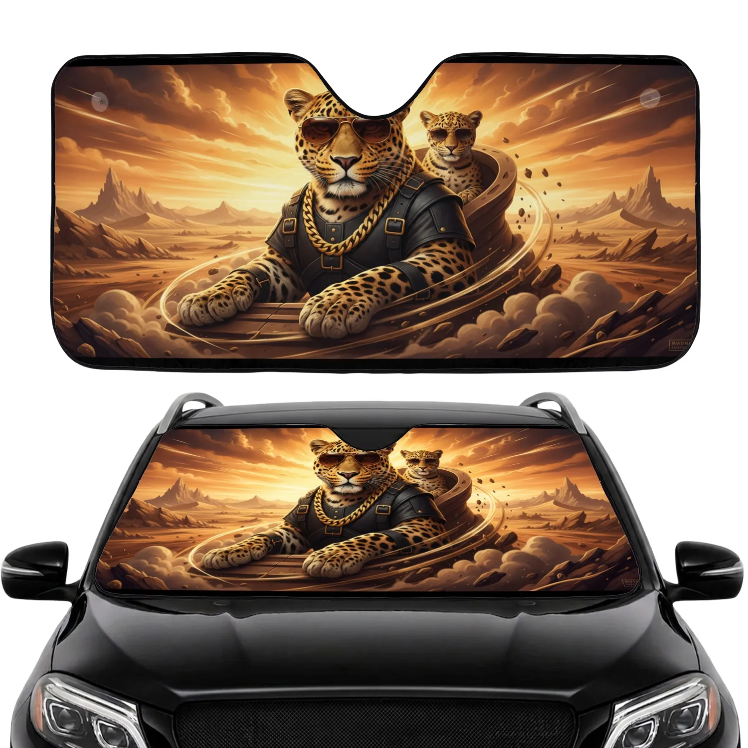 Powerful Leopard Sunglasses Gold Chain Harness Desert Sunset - Wildlife Lover Gift Car Sunshade - 1