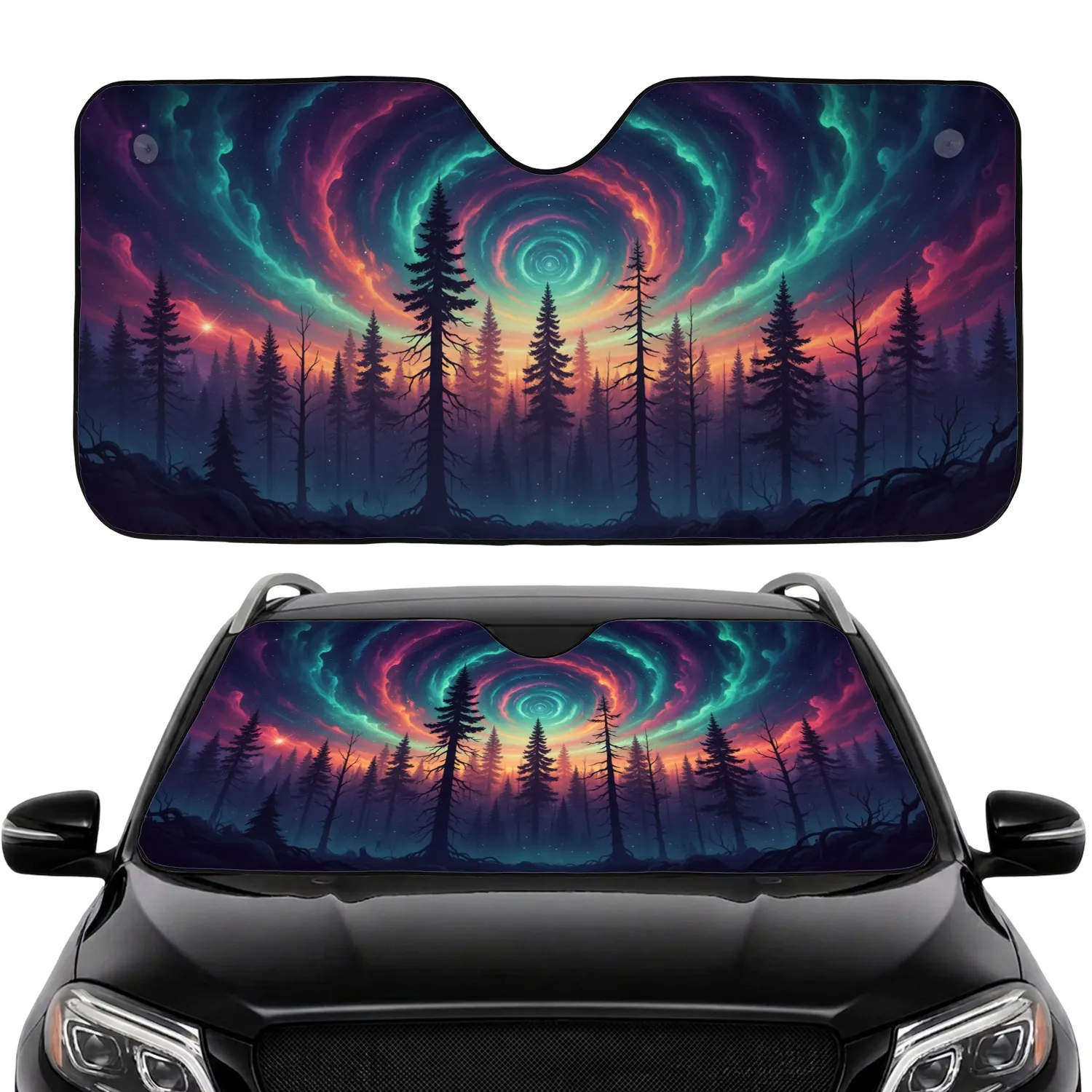 Psychedelic Aurora Night Sky Silhouetted Pine Forest - Fantasy Lover Gift Car Sunshade - 1