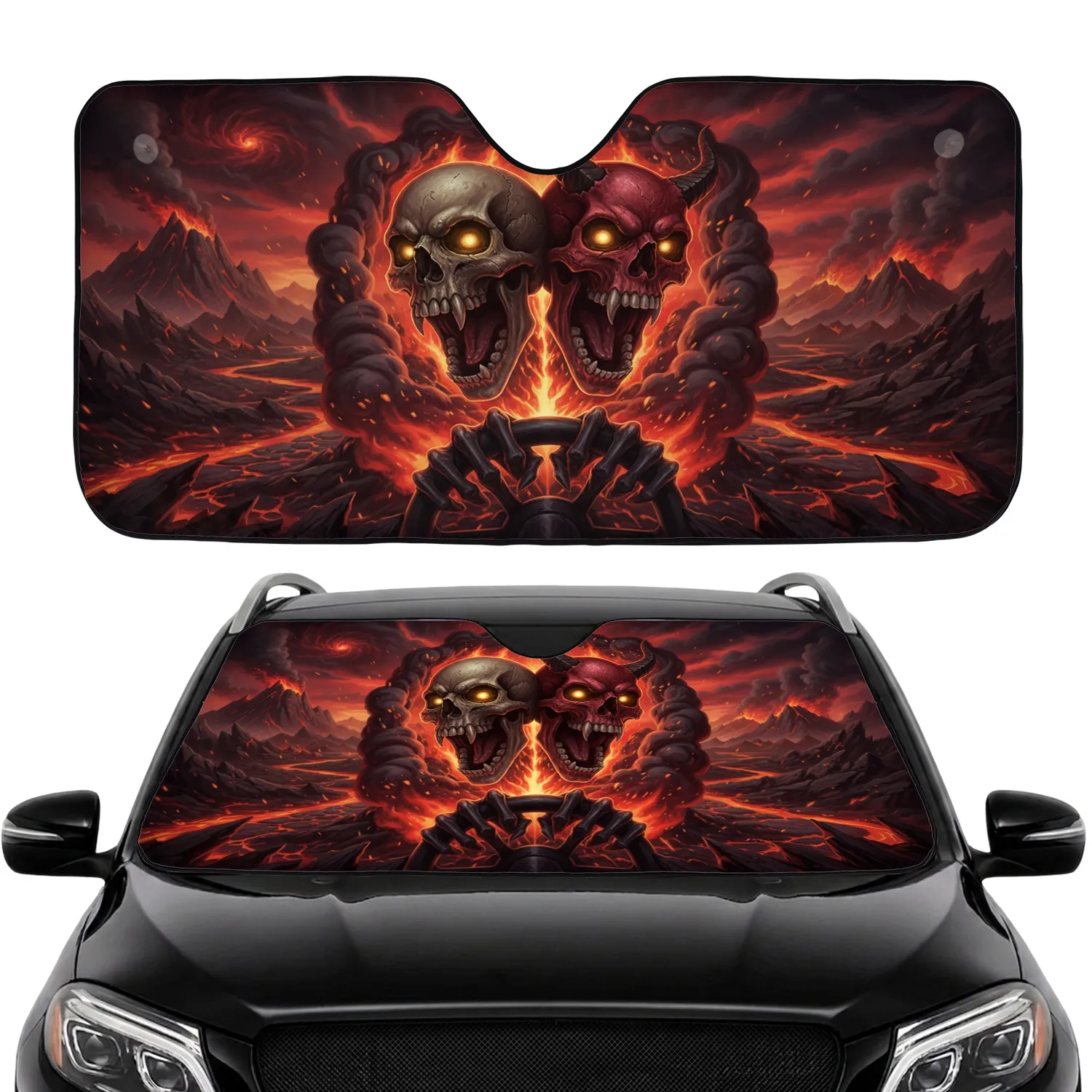 Screaming Bone & Demonic Skulls Fiery Hellscape - Gothic Car Decor Gift Car Sunshade - 1