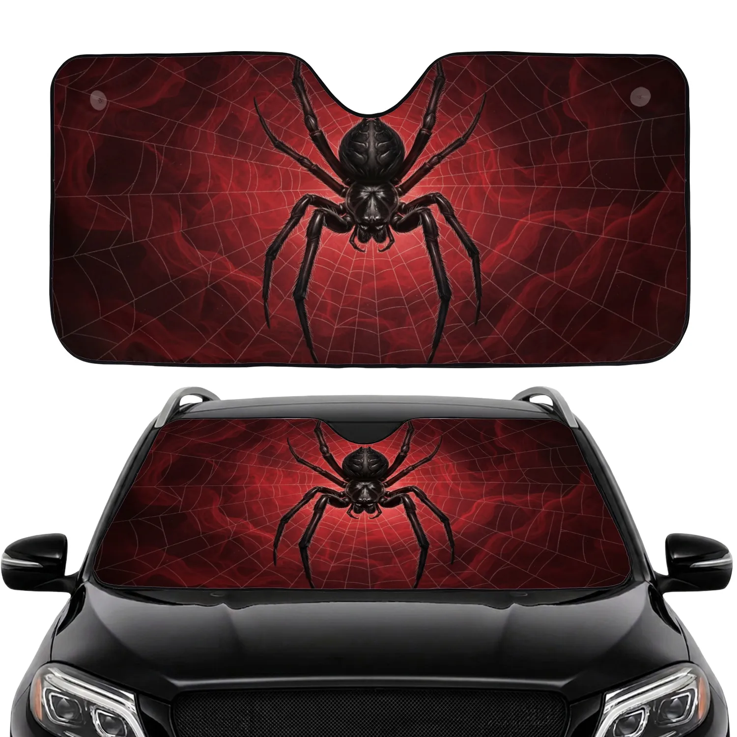 Majestic Large Segmented Black Spider Web Deep Crimson Smoke - Wildlife Lover Gift Car Sunshade - 1