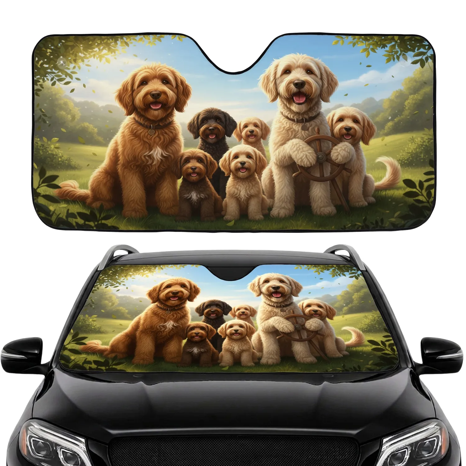 Golden Doodles Labradoodles Family Portrait - Dog Lover Gift Car Sunshade - 1