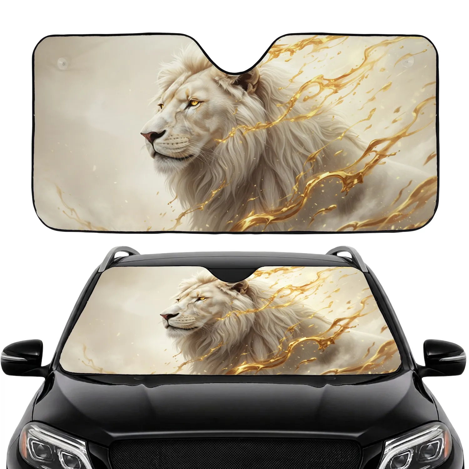 White Lion Head Golden Glowing Eyes Molten Gold - Wildlife Lover Gift Car Sunshade - 1